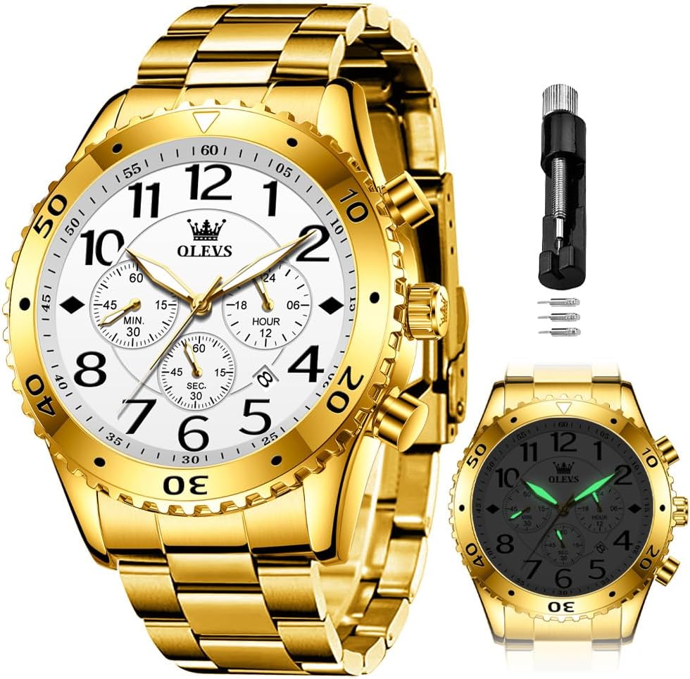 OLEVS Mens Watches Chronograph Luxury Dress Moon Phase Quartz Stainless Steel Waterproof Luminous Business Calendar Wrist Watch