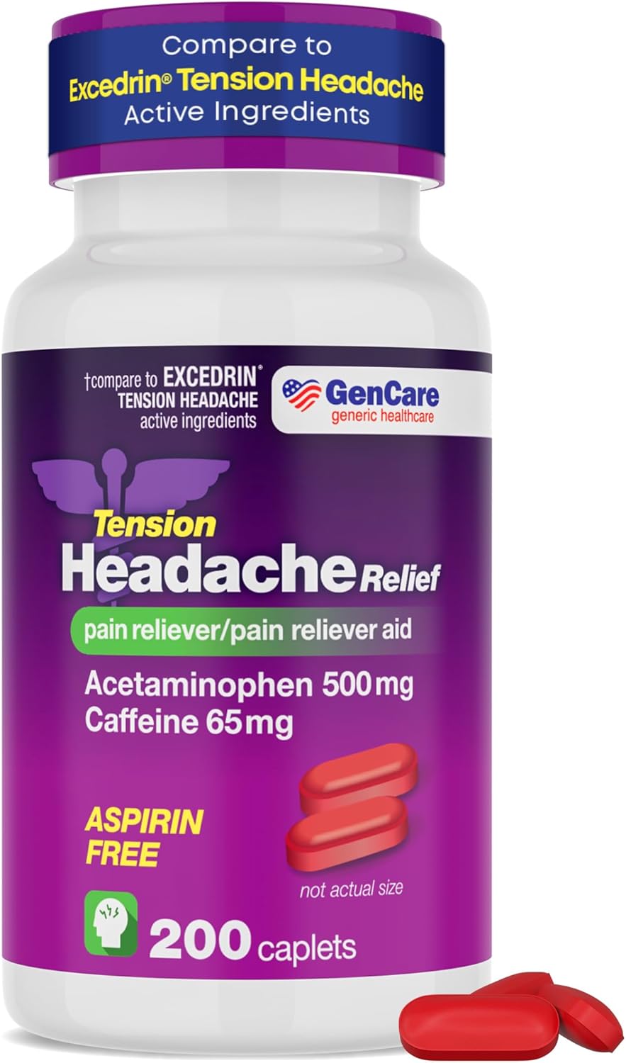 GenCare - Tension Headache Relief Pain Reliever with Acetaminophen 500 mg & Caffeine 65 mg (200 Caplets) Best Value Bulk Extra Strength for Head, Migraine, Joint Pain & Body Ache Relief Medicine