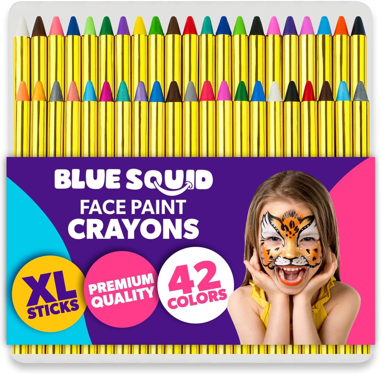 Blue Squid Face Paint Crayons for Kids - 42pcs XL Non-Toxic, Washable Body Paint Crayons - Our Face Painting Kit Makeup Sticks are Easy to Use, Safe for Sensitive Skin and Perfect for a Kids Party