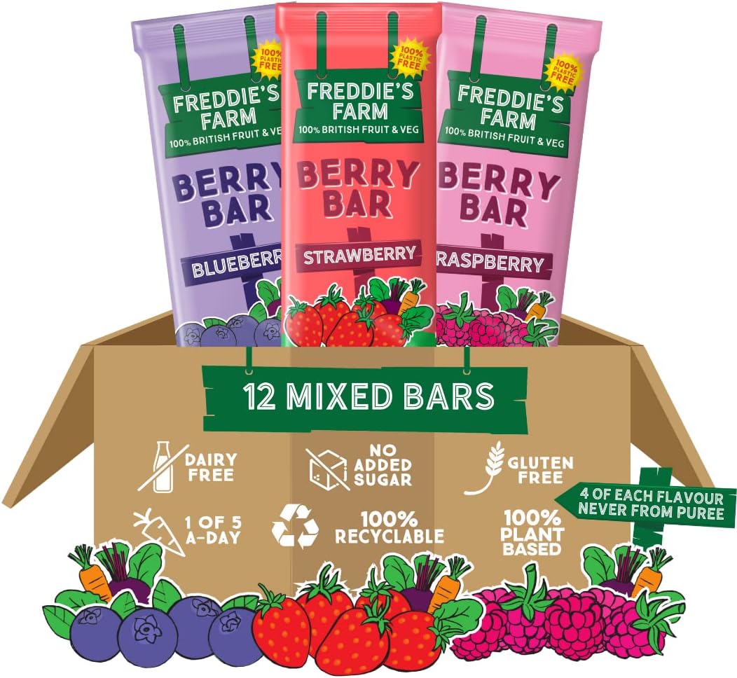 Freddie’s Farm Kids Snacks | Fruit Snacks Multipack - Strawberry, Raspberry, Blueberry Fruit Bars | Lunchbox Snacks For Kids | 100% Fruit & Veg | Plastic Free, Recyclable & Made in the UK | 12 x 20g
