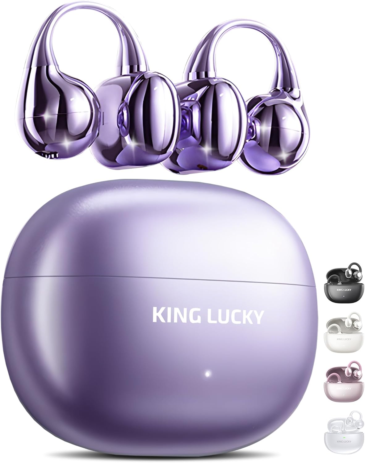 King Lucky i121 Open Ear Wireless Bluetooth 5.4 Clip-on Earbuds with Mic, 50H Playtime, Noise Cancelling, Waterproof, Comfortable for Small Ears & Glasses Wearers, for Workouts (Purple)