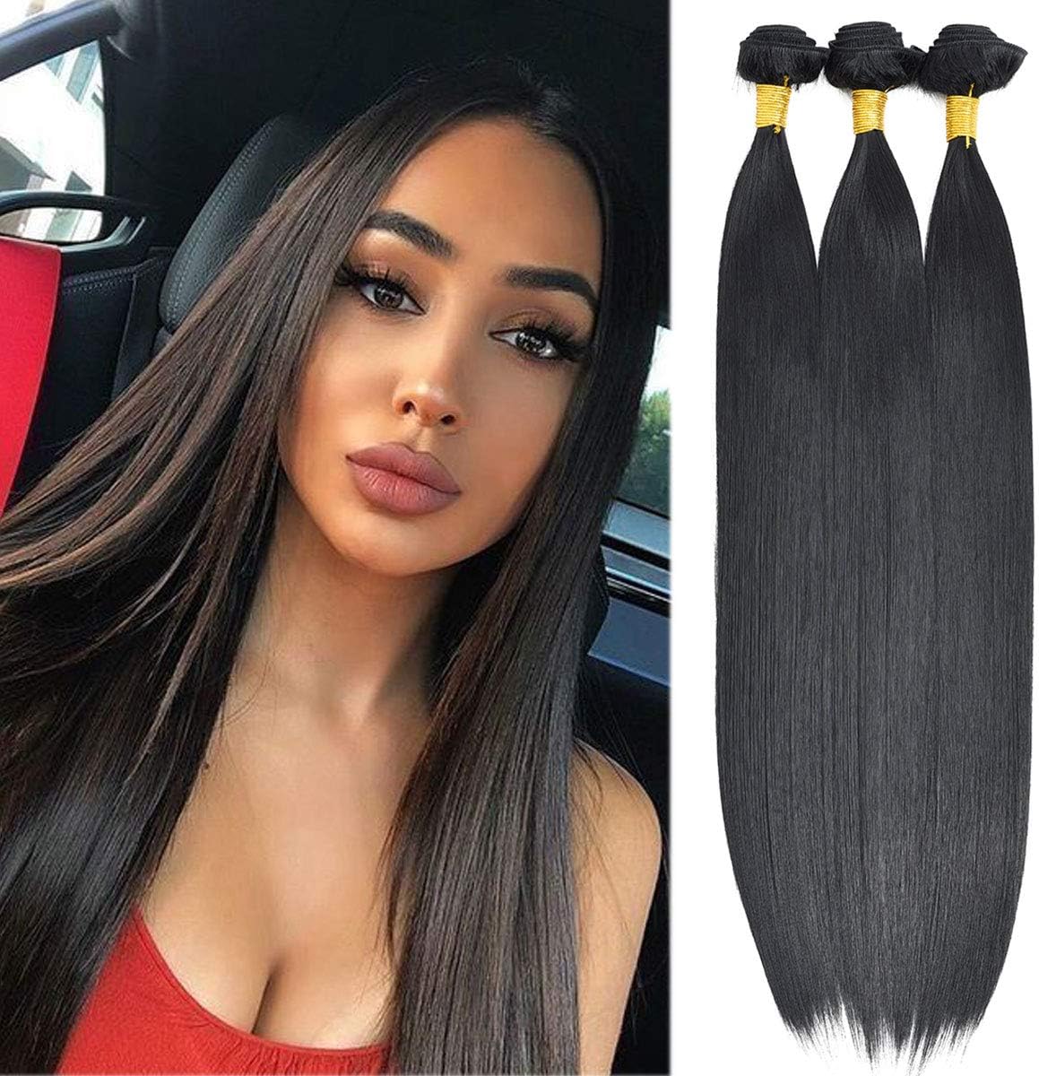 Yamel Synthetic Hair Bundles Straight 3 Bundles Total 210 Grams 14 Inch Soft as Human Hair Natural Black Hair Weft