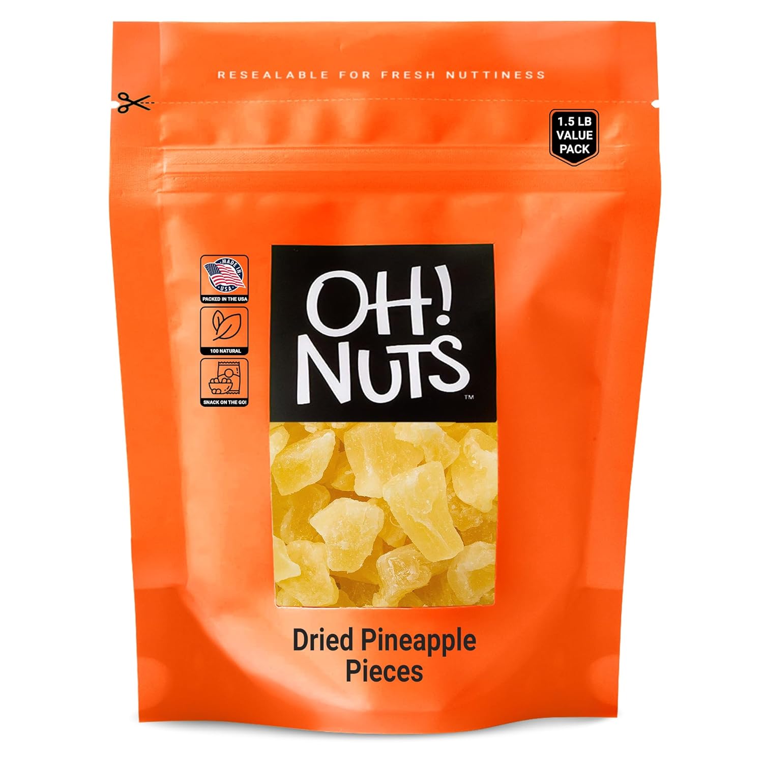 Oh! Nuts Dried Pineapple - 1.5 LB - Dried Fruit Chunks - Less Sugar Added - Dehydrated Fruit Bites - Packed in New York Zip-Seal Bag for Exceptional Freshness