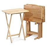 PJ Wood 5 Piece Set, 4 Folding Wooden TV Tray Snack Tables with Storage Rack, Natural