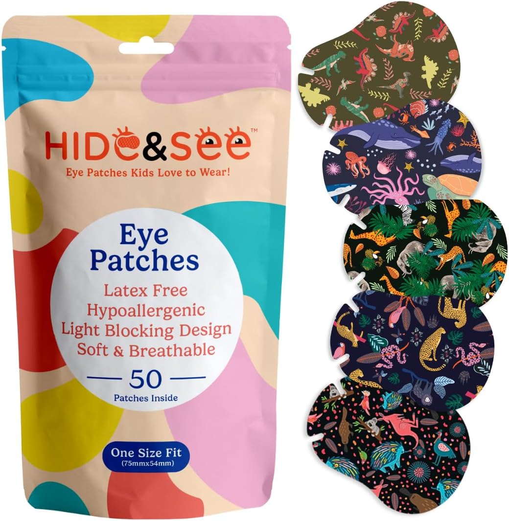 HIDE&SEE Speckles Kids Eye Patches (Wild Pack) Fun & Comfortable Hypoallergenic Patches for Amblyopia Treatment for Boys & Girls Includes Reward Chart (50 Pack)