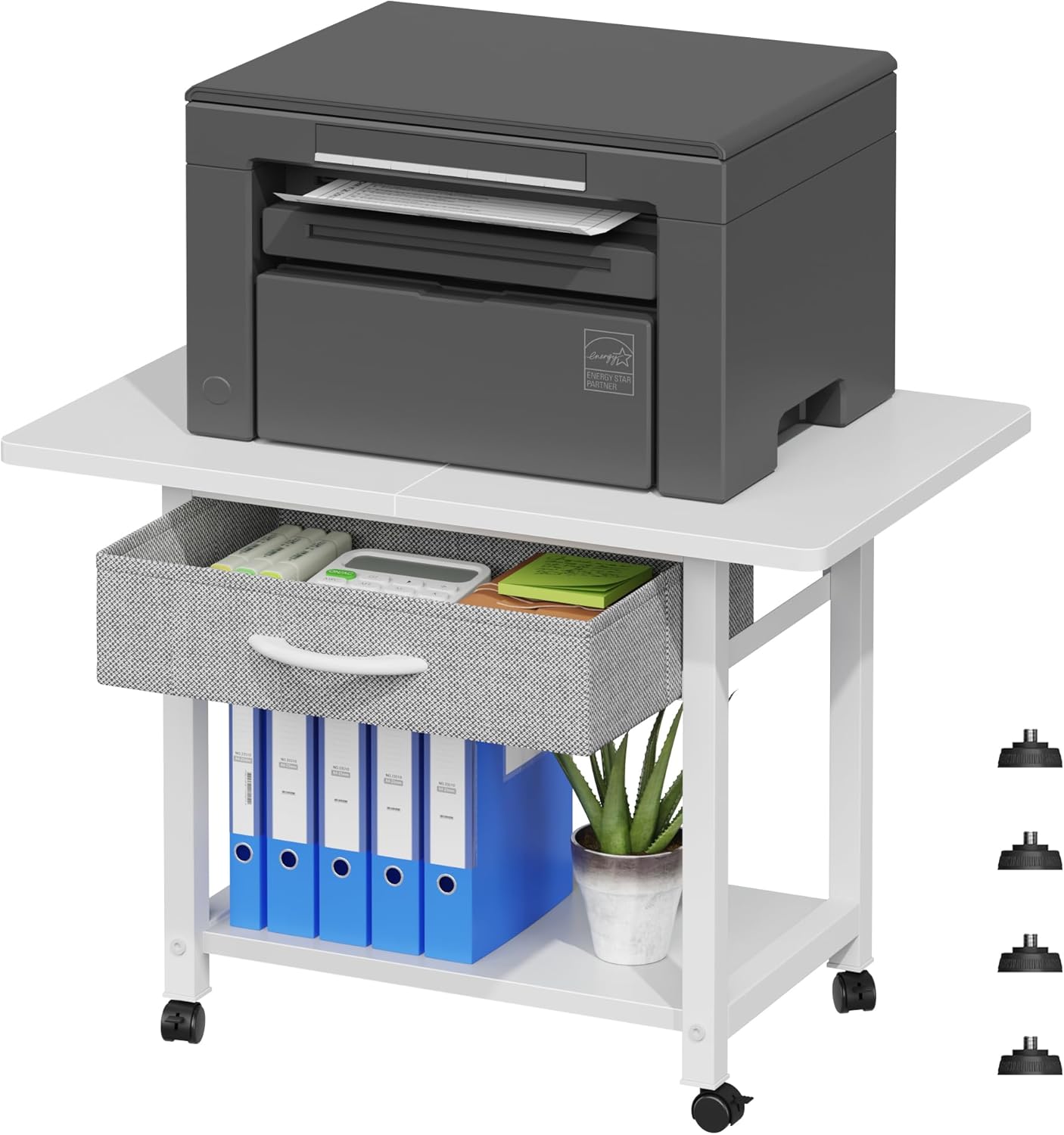 2 Tier Printer Stand on Wheels, 56x38cm Printer Table with Drawer Storage, Under Desk Printer Stand Pinter Shelf for Home Office Organization, fit Fax Scanner/3D Printer, White