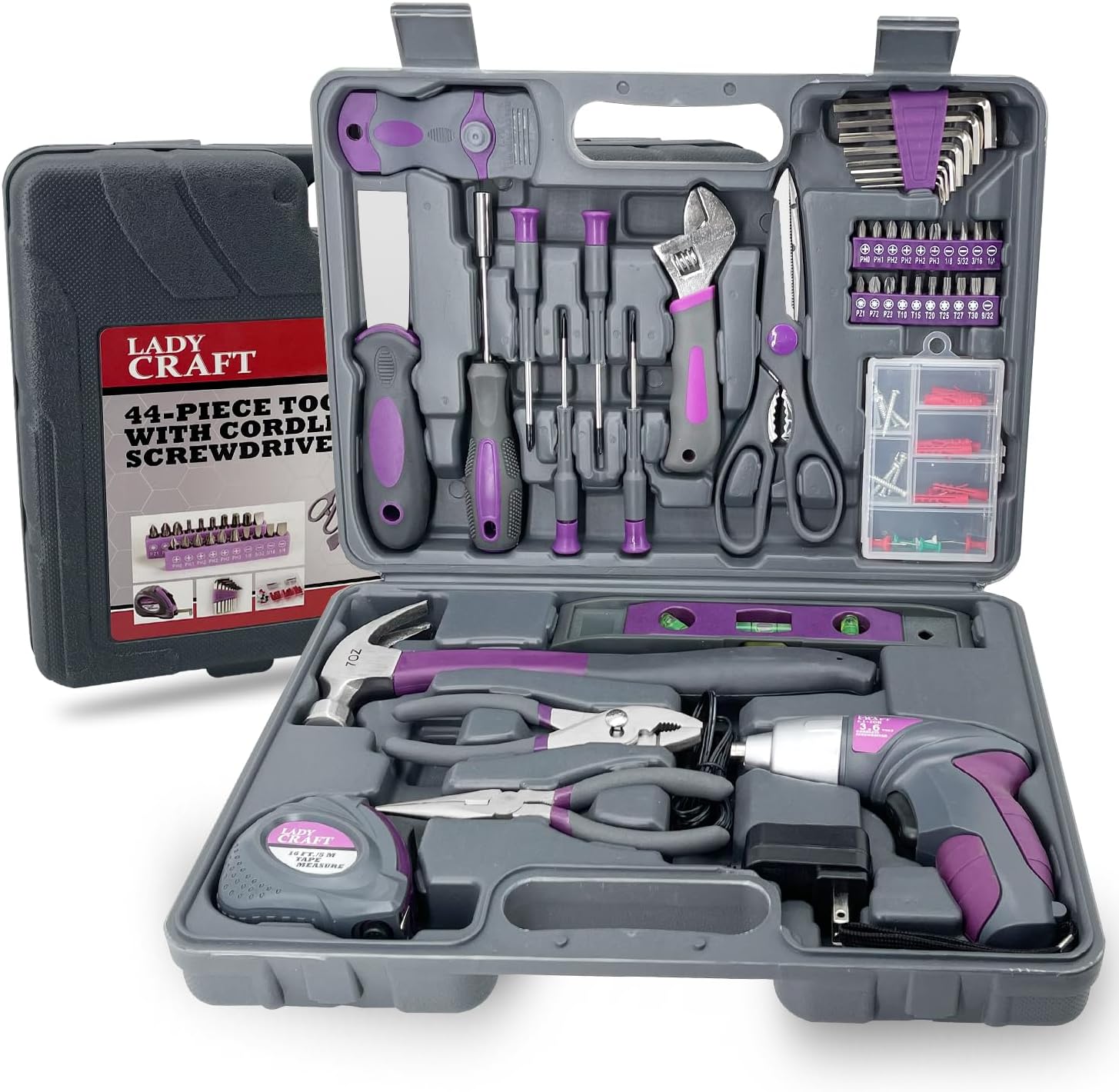 44PCS 4V Cordless Screwdriver Tool Kit Set Pink Color Tools Lady Tools Kit Home Repair Set Toolbox Hand Tool Kit Storage Case Gift Set LADYCRAFT
