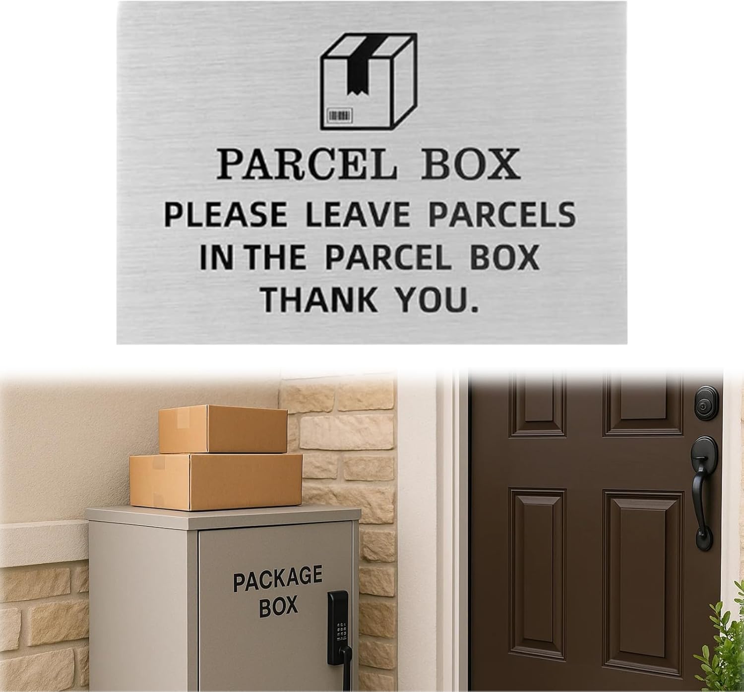 Parcel Box Sticker, Metal Parcel Box Sign for Outside, 15X10CM Please Leave Parcels Here Sign, Aluminum Metal Delivery Signs Sticker Rust Free Plaque Suitable for Home, Offices, Companies (Silver)