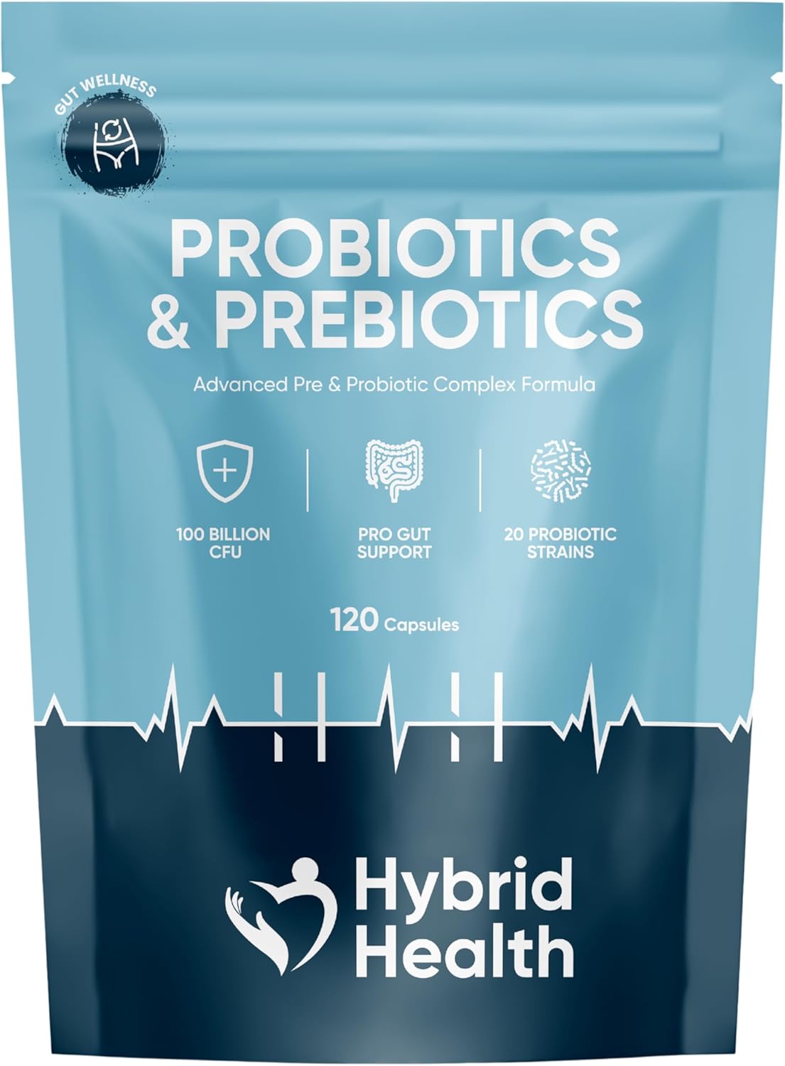 Hybrid Health Probiotics & Prebiotics Complex | 120 Vegan Capsules | 100 Billion CFU | Advanced Strength Probiotics with 20 Diverse Strains | Pre & Probiotics for Women and Men
