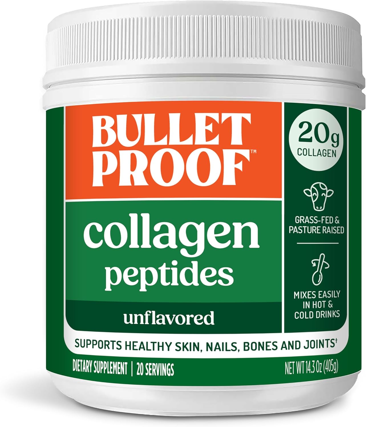 Bulletproof Unflavored Collagen Peptides Powder with MCT Oil, 14.3 Ounces, Grass-Fed Collagen Protein for Skin, Bone and Joint Support, Pasture Raised, No Added Hormones, Packaging May Vary