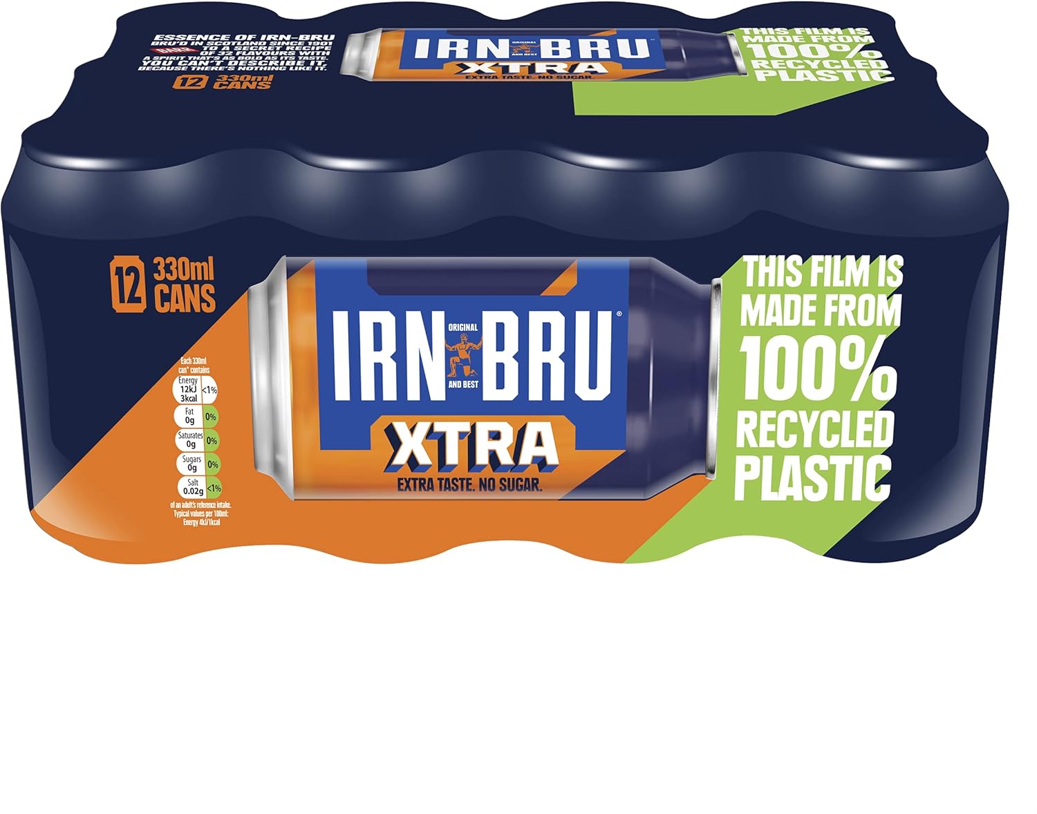 IRN-BRU XTRA, 12 Pack Zero No Sugar & Low Calorie with XTRA Taste Fizzy Drinks Multipack Cans - 12 x 330ml Cans
