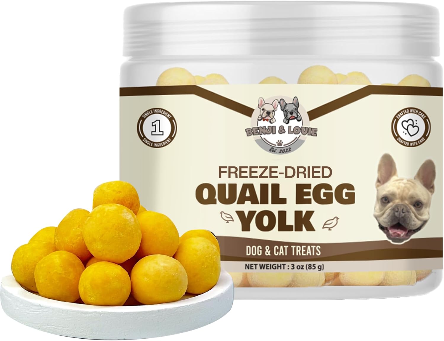 Benji & Louie Freeze Dried Quail Egg Yolk for Dog and Cats, Dogs and Cats Treat, Single Ingredient, 3 oz