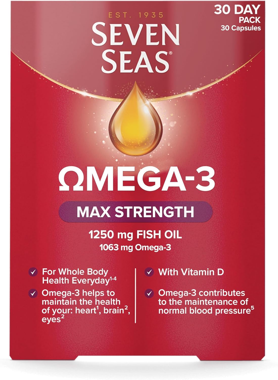 Seven Seas Omega-3 Fish Oil Max Strength, 1250 mg Fish Oil, 1063 mg Omega-3, 250 mg EPA & DHA & Vitamin D, 30 Capsules