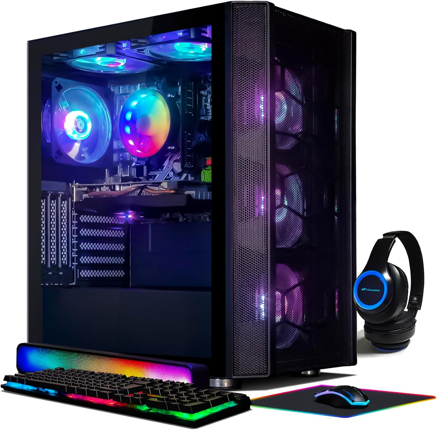 STGAubron Gaming PC Desktop, Intel Core i7 up to 3.9G, GeForce RTX 3060 12G, 32G RAM, 1TB SSD, WiFi, BT 5.0, RGB Fan x6, RGB BT Sound Bar & Gaming Mic, Windows 11 Home