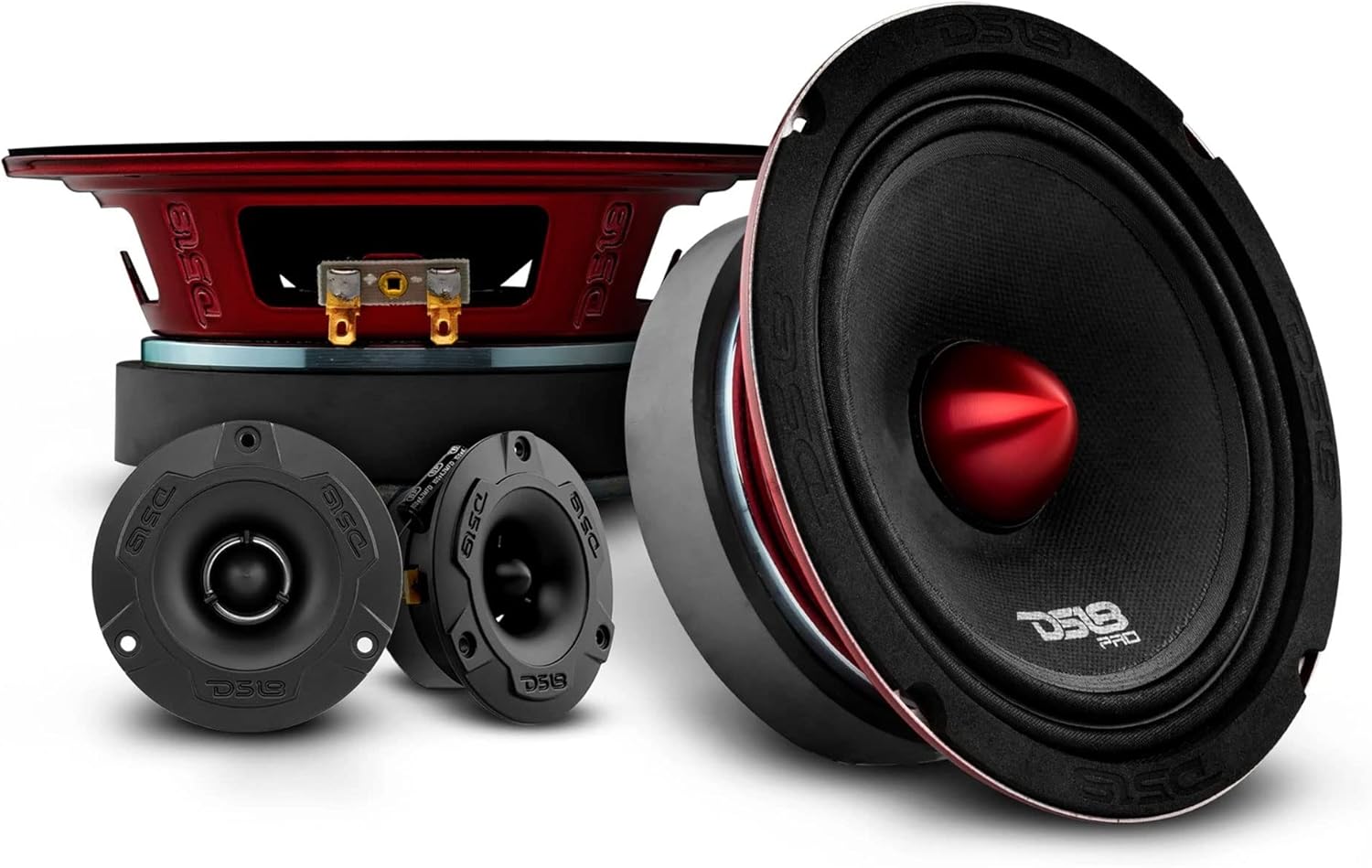 DS18 Mid and High Car Speaker Package - 2X 6.5" Midrange, 2X 1" Tweeters, Built-in Crossover