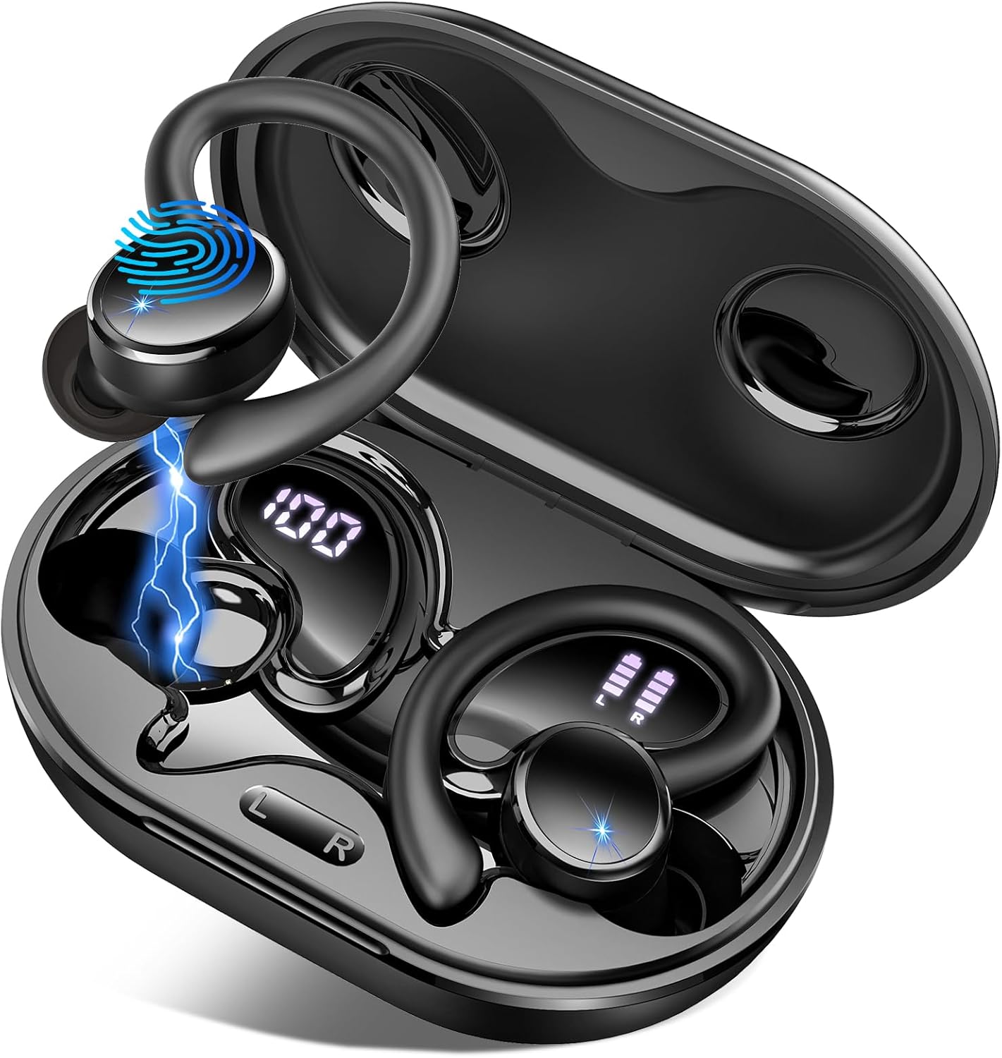 Wireless Earbud Bluetooth 5.4 Headphones Sports with Earhooks, Earphones Wireless Bluetooth ENC Noise Cancelling, 50H Playtime, IP7 Waterproof Ear buds In Ear for Sport/Running/Gym, Dual LED Display