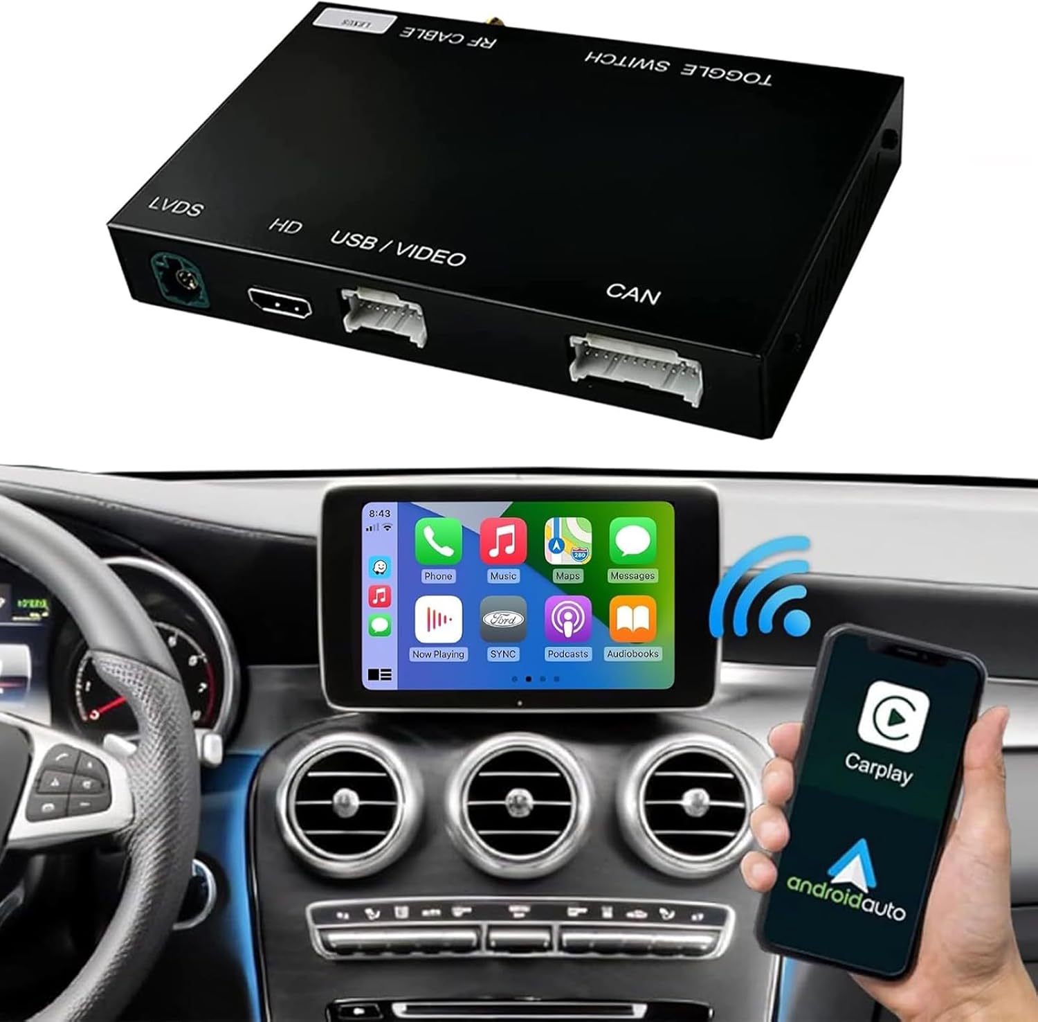 Road Top Wireless Carplay Retrofit Kit Decoder for Mercedes Benz NTG5.0 C Class W205 GLC 2015-2018 Year Car, Support Wireless Android Auto, Mirrorlink, Reverse Camera