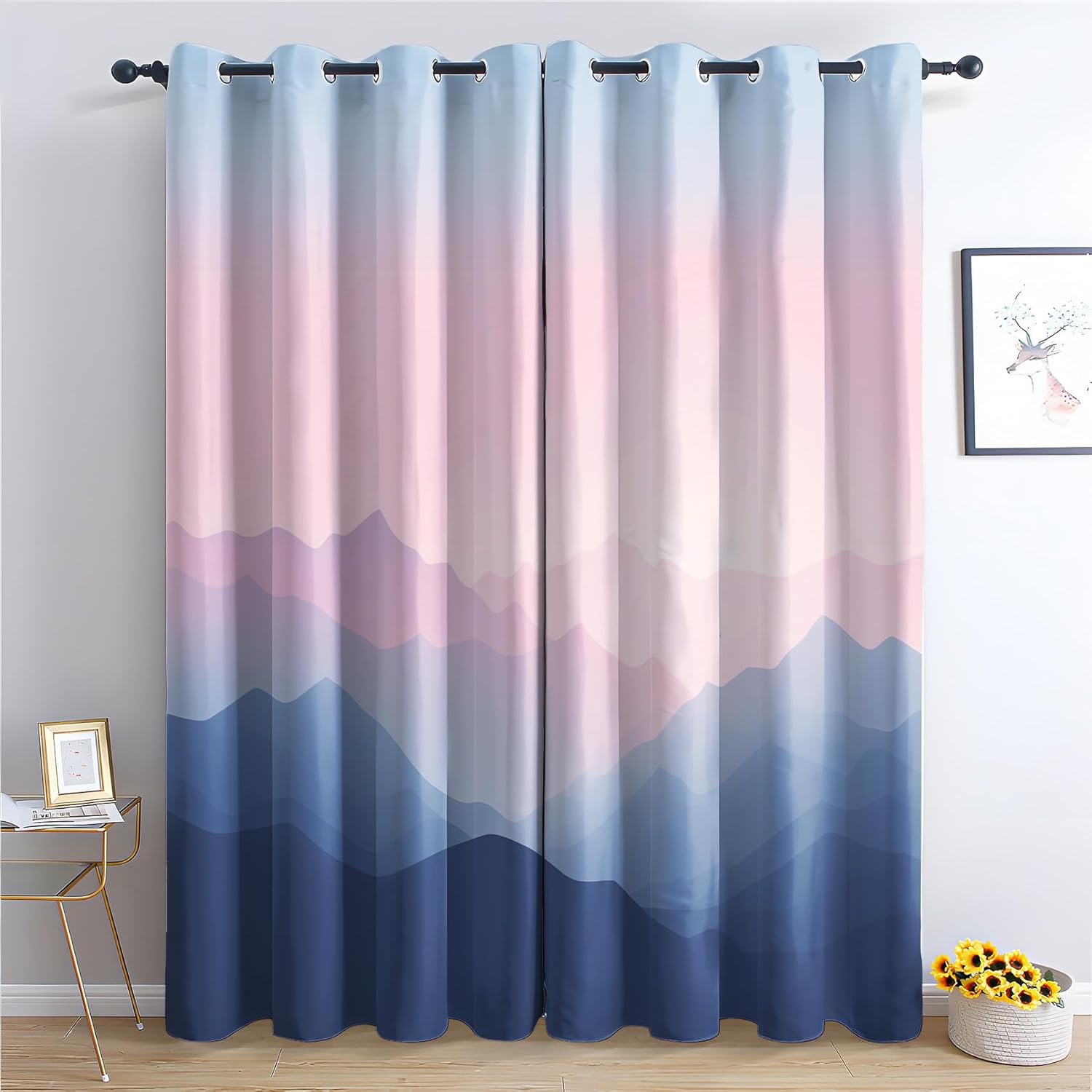 Luxfieo Gradient Blue Blackout Curtains for Living Room Bedroom - 90 Inch Drop Curtains 66x90, Ombre Mountain Patterned Window Treatments, Thermal Eyelet Drapes 2 Panels W#159