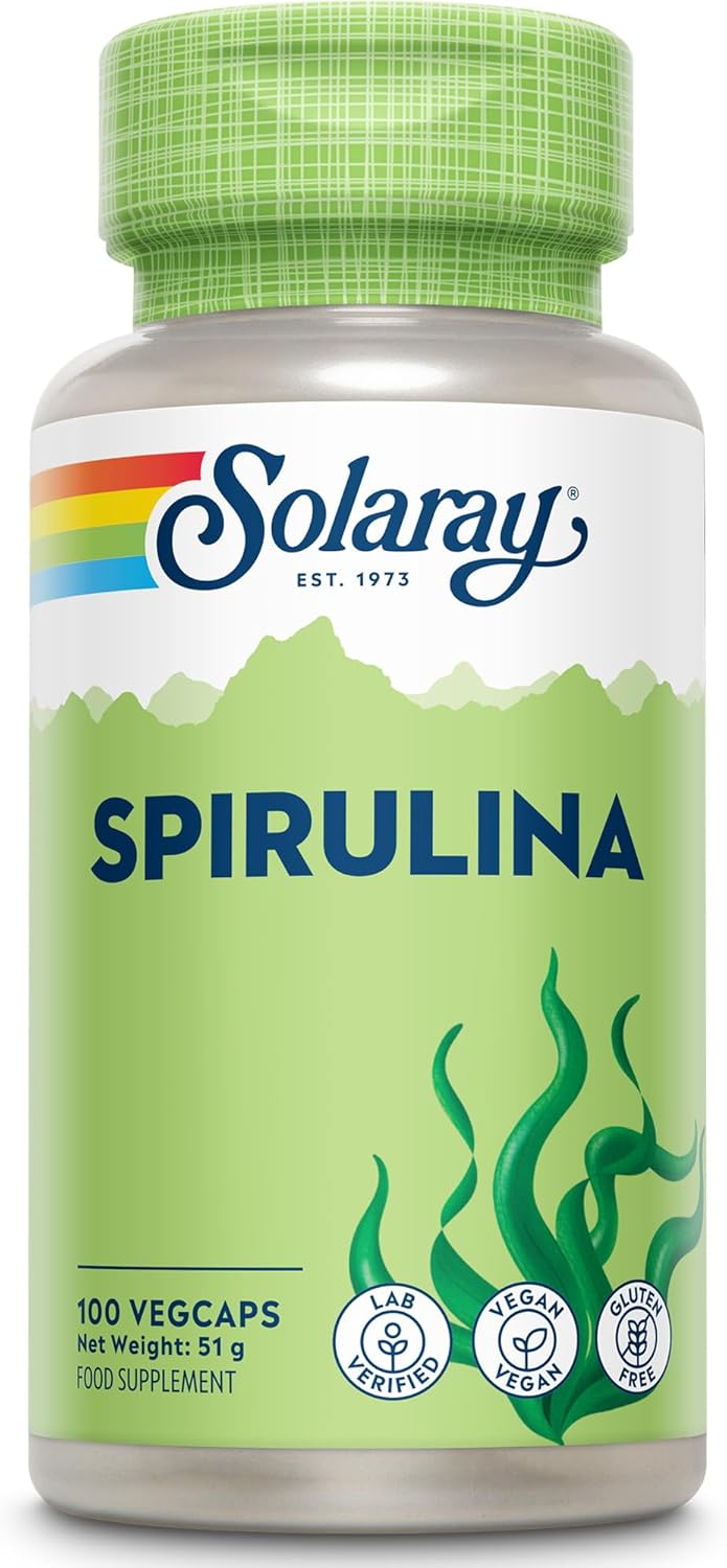 Solaray - Spirulina Algae - 100 Vegan Capsules not Tablets or Powder - Rich in Protein, Vitamin & Minerals -High Strength Supplement - Lab Verified, GMO & Magnesium Stearate Free