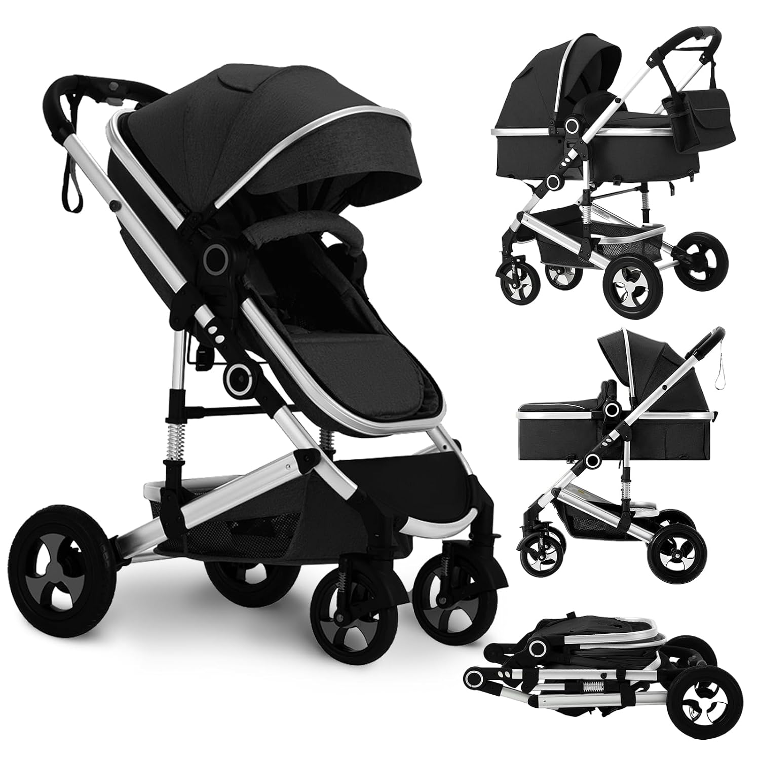 Convertible Baby Stroller, 3 in 1 Folding Infant Stroller, High Landscape Pushchair w/Adjustable Backrest & Canopy, Newborn Pram with Foot Cover, Storage Basket, Black