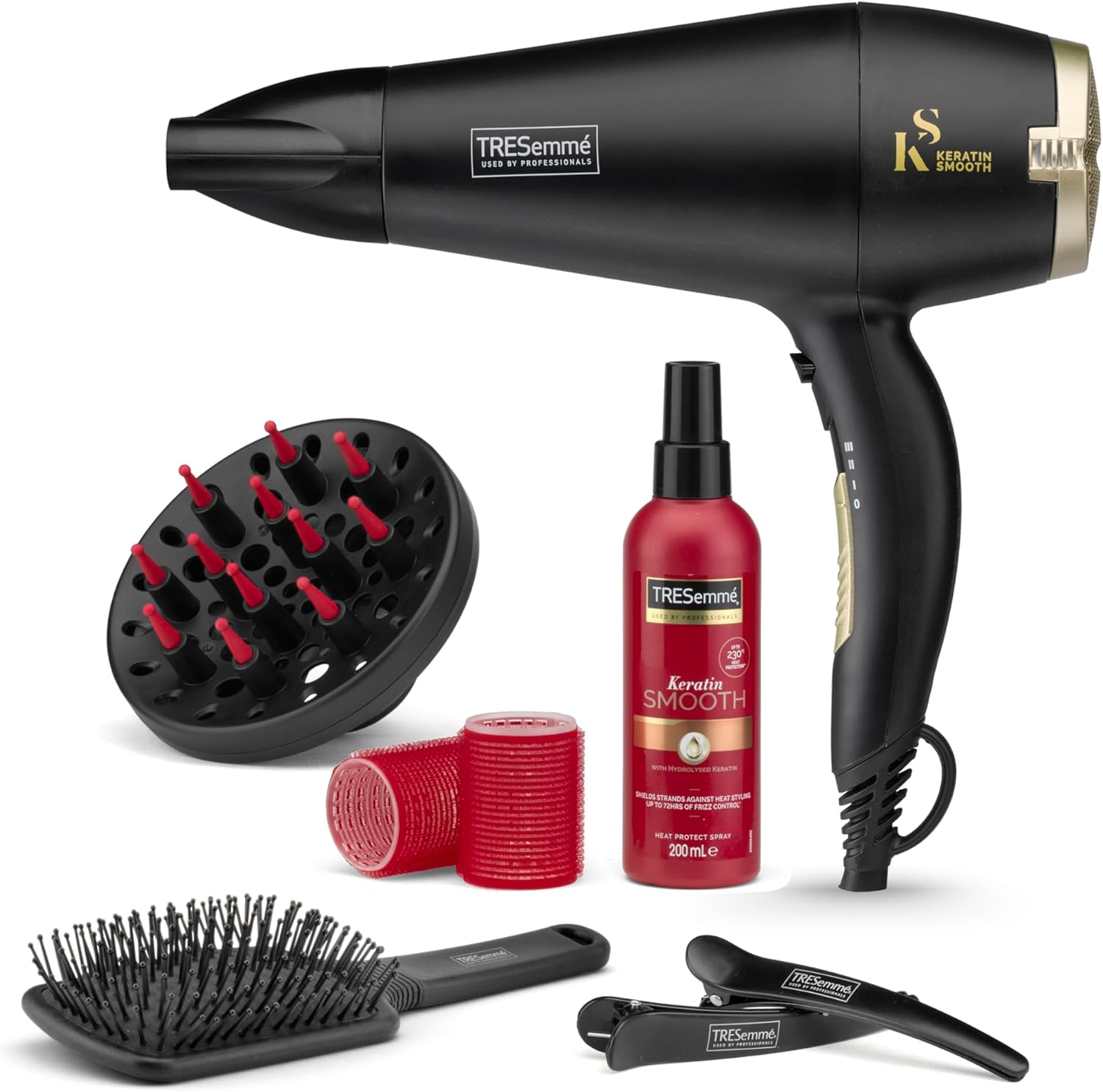 TRESemme Keratin Smooth Volume Shine Hair Dryer & Diffuser Gift Set - 2200W Powerful Blow Dryer, Heat Protection, Paddle Brush, Accessories, Black, 5543BU