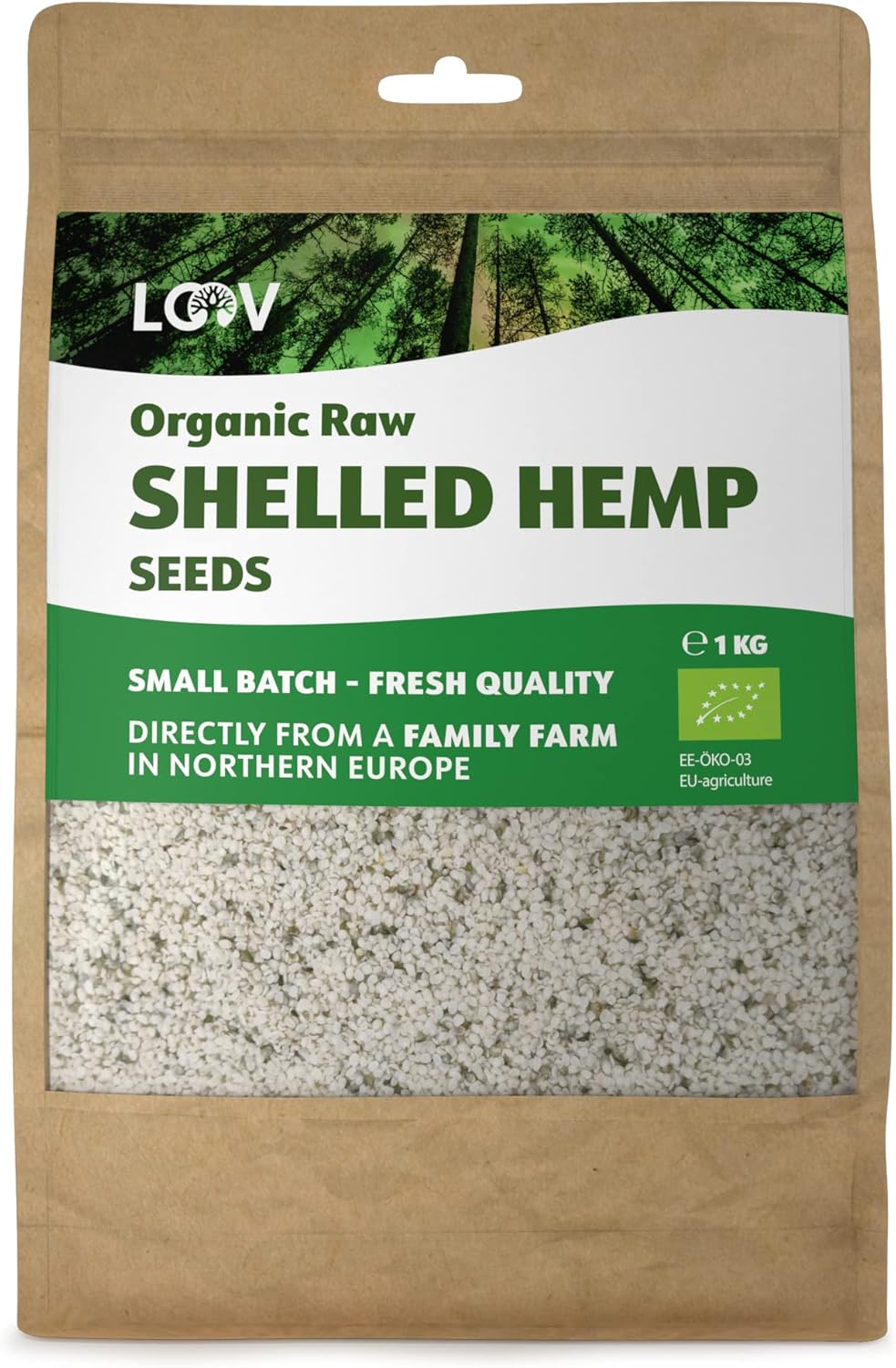 LOOV Organic Raw Shelled Hemp Seeds, Hemp Hearts, 1kg, Not Heat-Treated, All Nutrients Preserved, Nutty Flavour, Organically Grown in Nordic Climate, Good Source of Protein and Omega Fatty Acids