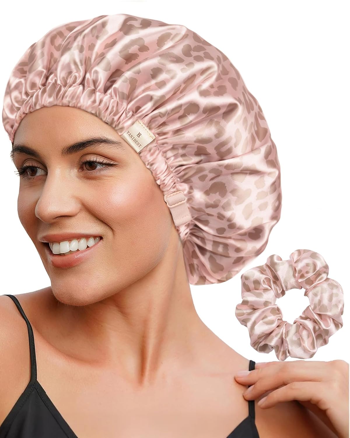YANIBEST Adjustable Satin Bonnet Double Layer Hair Bonnet for Sleeping Bonnets for Women Hats Curly Natural Hair, Pink Leopard