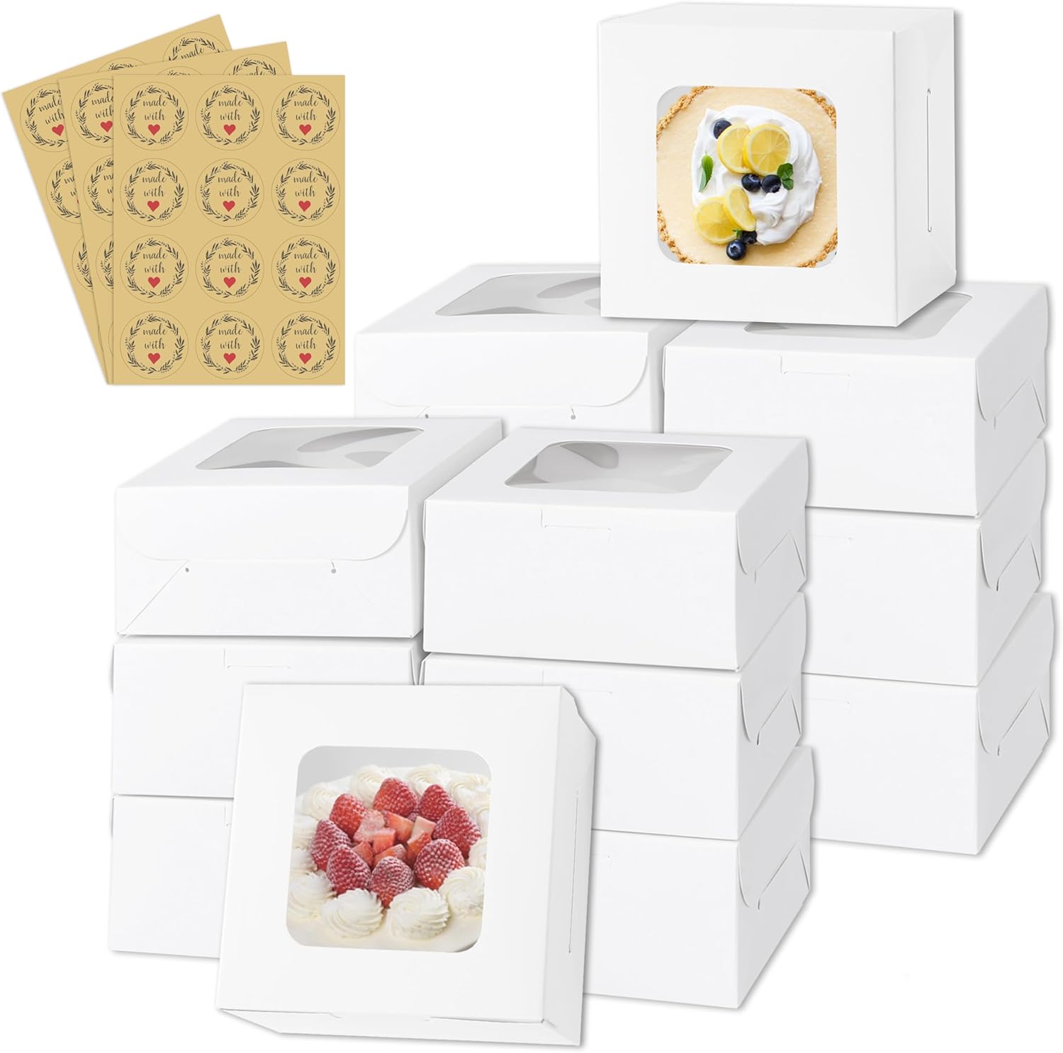 50pcs White Cake Boxes with Window,5x5x2.5 Inches Small Bakery,Treat,Pastry,Cookie,Dessert Boxes,Macaroon,Donut,Candy,Christmas Gift Giving