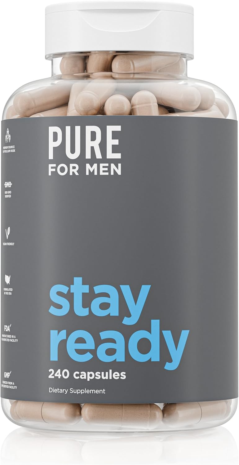 Pure for Men Original Cleanliness Stay Ready Fiber Supplement | Helps Promote Digestive Regularity | Psyllium Husk, Aloe Vera, Chia Seeds, Flaxseeds | Proprietary Formula | 240 Vegan Capsules
