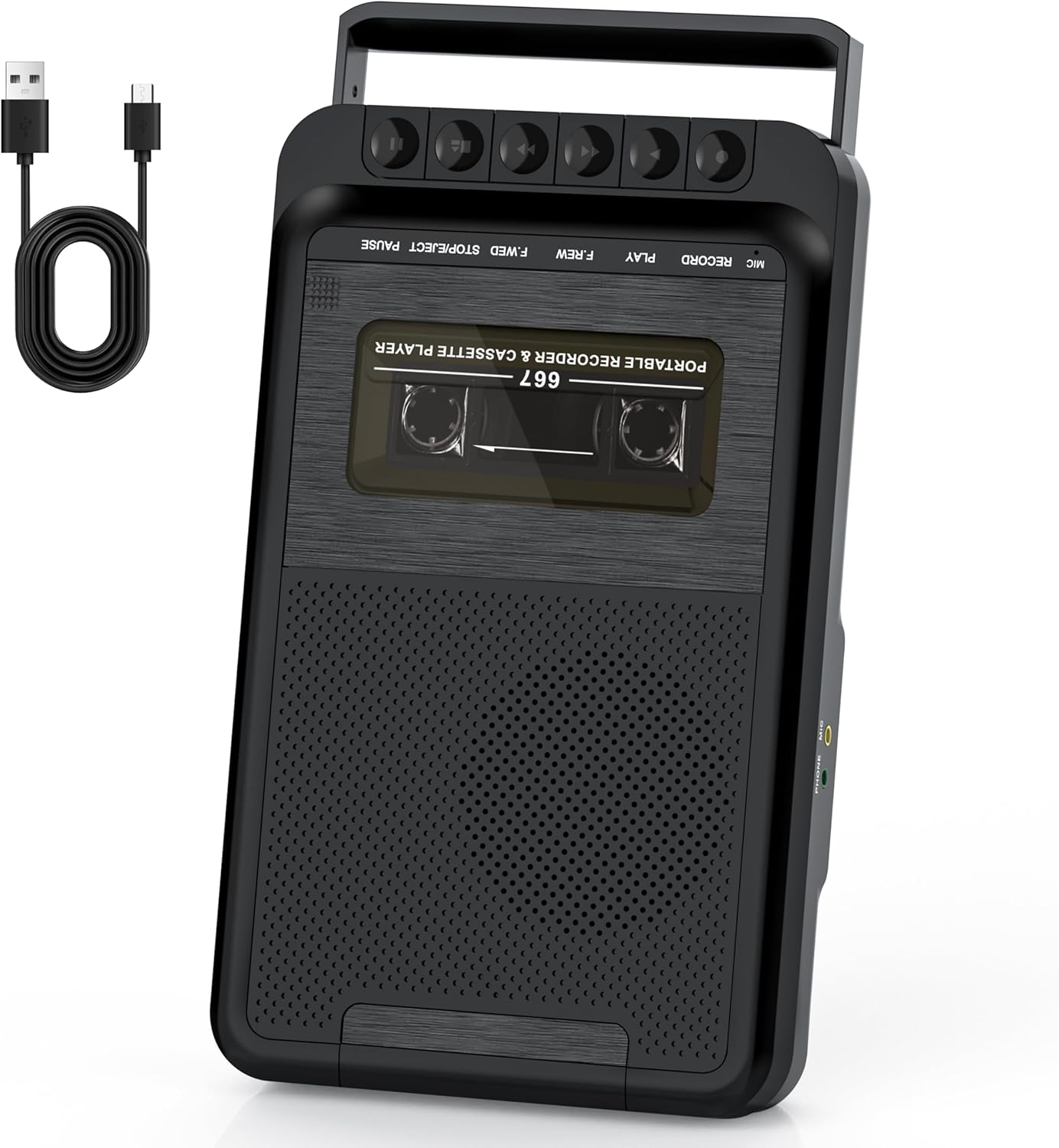 Portable Cassette Player with 3W Big Speaker Cassette Tape Recorder via Bluit-in Microphone,Cassette Tape Player with Retractable Handle，Supports External Microphone Input Power by 4 C Battery