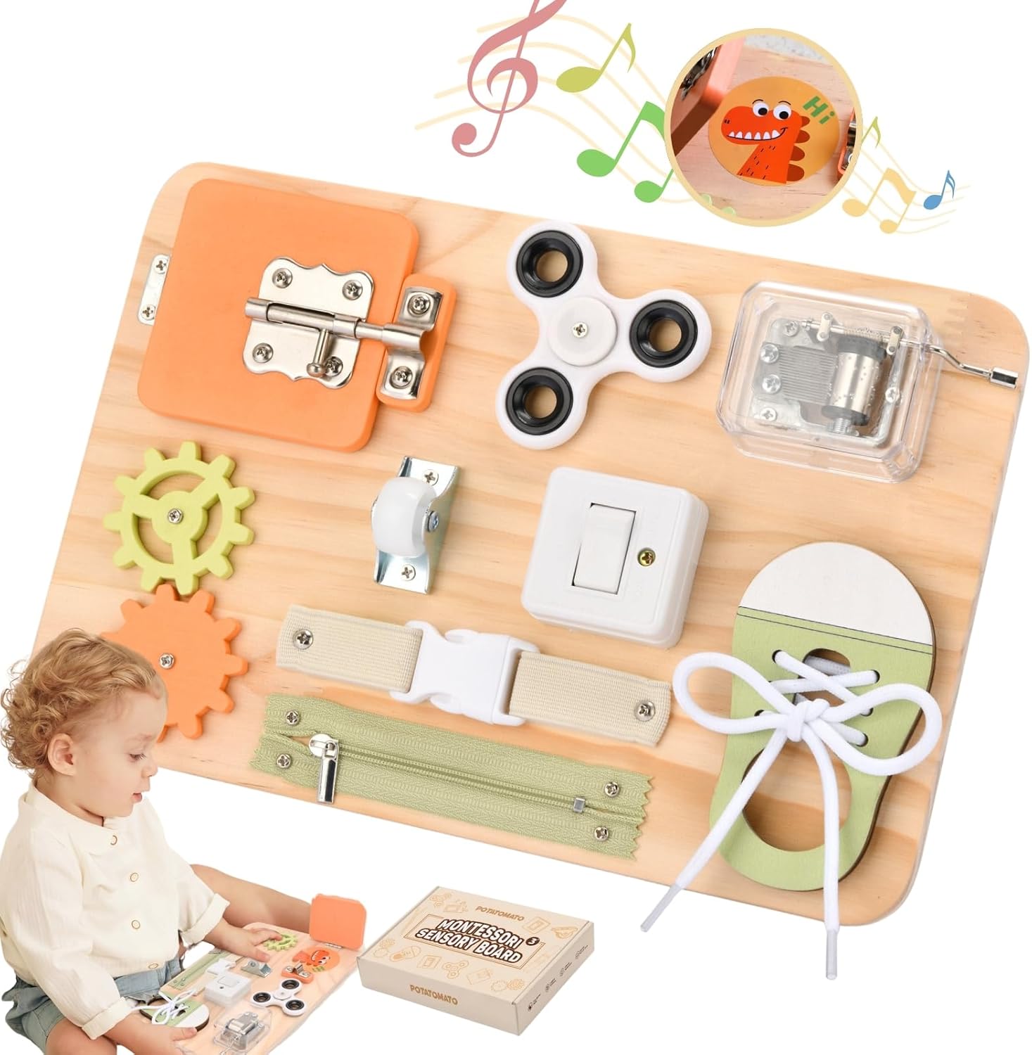 Potatomato Busy Board for Toddlers - Montessori Wooden Toys for Baby - Sensory Equipment Toys for Autism & ADHD - Educational Fidget toys - Fine Motor Skills Gifts for Boys &Girls