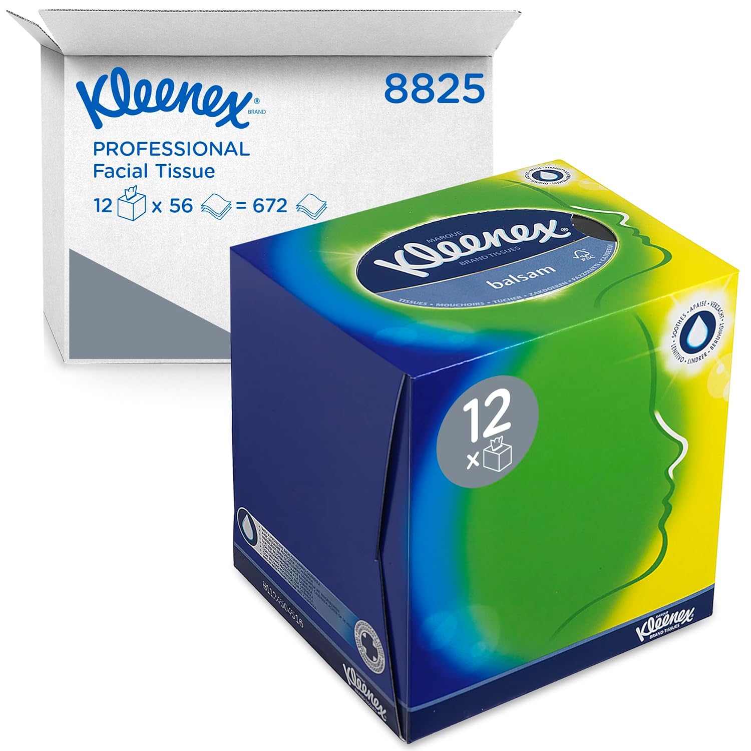 Kleenex Facial Tissue Box 8825 3-Ply Tissues, Soft, Strong, Absorbent, Fragrance-Free, Aloe Vera & Calendula Infused, FSC Certified, 12 Boxes x 56 Tissues (672 Tissues Total)