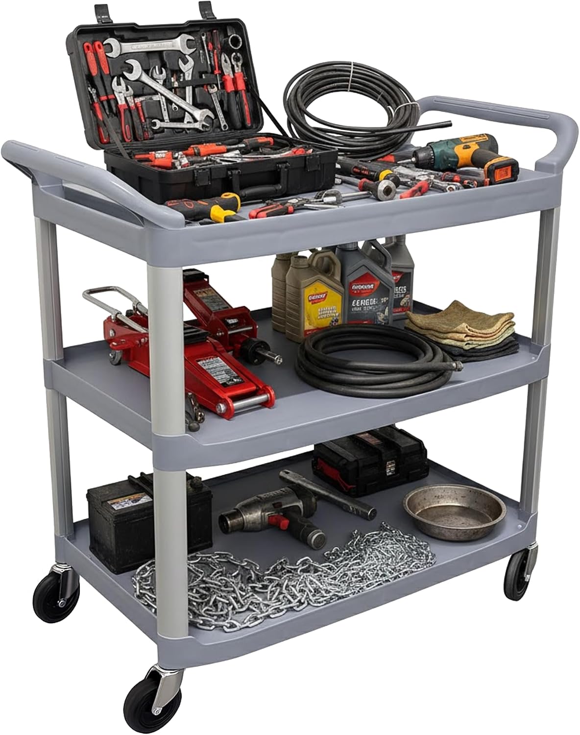 Chabrias Ltd Large (95 × 101.5 × 50cm) 3-Tier Service Trolley on Wheels - Heavy-Duty Aluminium Utility & Catering Trolley – 75kg Per Shelf Load Capacity – Kitchen, Salon & Workshop Storage Cart