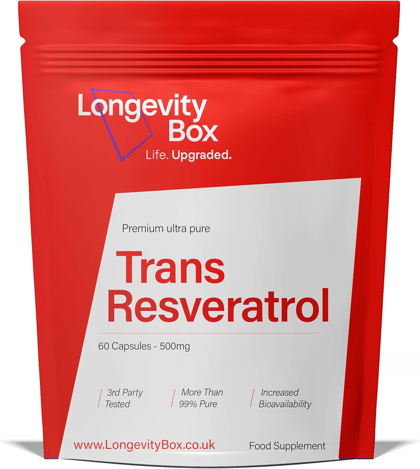 Longevity Box Trans Resveratrol Supplement - 60 Capsules, 1000mg per Serving, 99% Pure, 3rd Party Certified, Optimized Resveratrol Antioxidant Supplement, Vegan-Friendly & Non-GMO