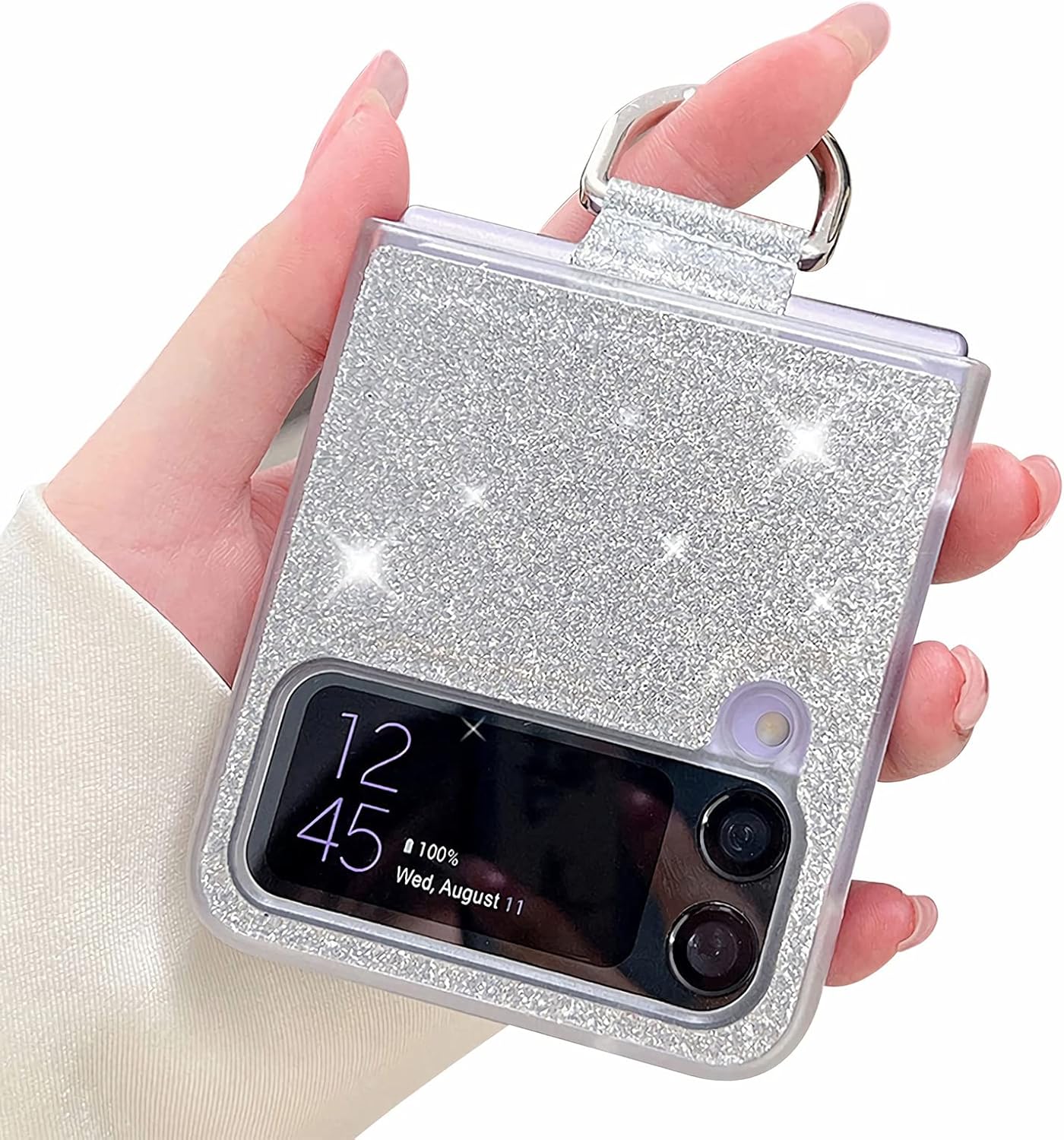 LINYUNE Galaxy Z Flip 4 5G Case with Ring, Glitter Crystal Bling Sparkly Leather with Slim Fit Hard PC Bumper Protective Cases Cover for Samsung Galaxy Z Flip4 (Silver)
