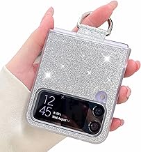 LINYUNE Galaxy Z Flip 4 5G Case with Ring, Glitter Crystal Bling Sparkly Leather with Slim Fit Hard PC Bumper Protective Cases Cover for Samsung Galaxy Z Flip4 (Silver)