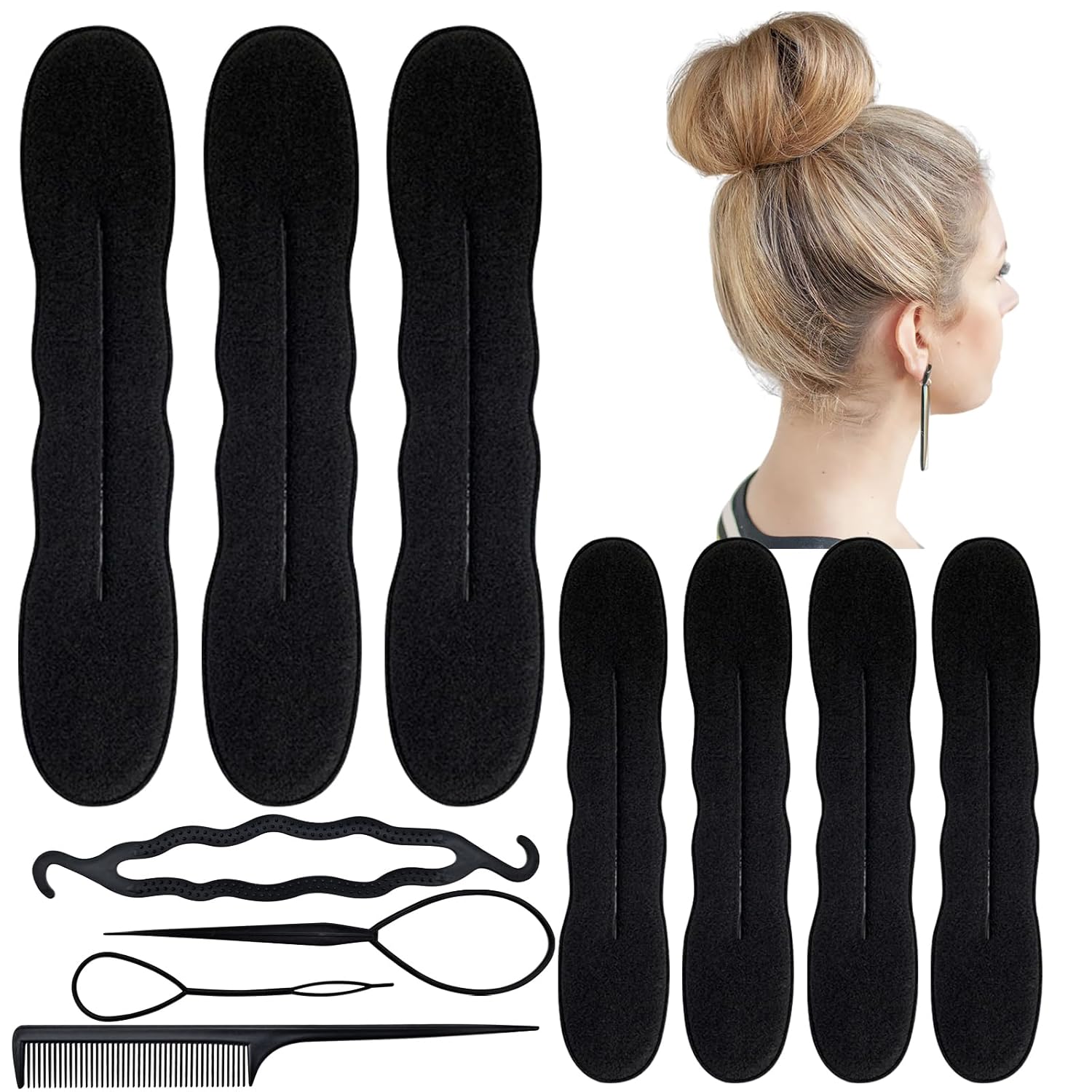 14PCS Hair Bun Maker Kit - 5 Large, 5 Small Soft Foam Sponge Buns With 4PCS Twist Tool and Comb - Lazy Curler Clips, Easy Magic Snap Roll Donut Maker for Women