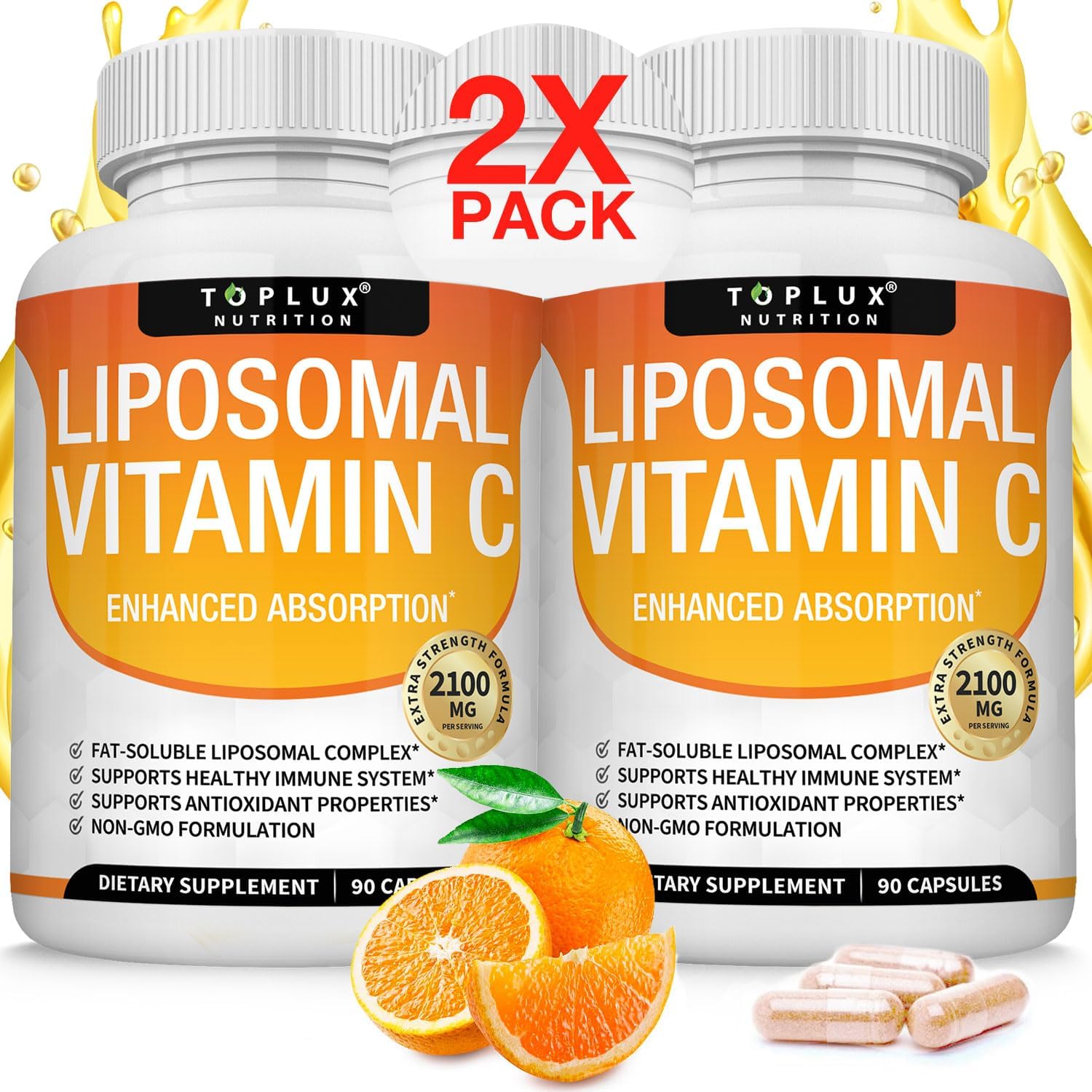 Liposomal Vitamin C 2100mg High Absorption Fat Soluble VIT C - Immune Support Collagen Booster Immunity Defense & Powerful Antioxidant, MCT Oil & Sunflower Lecithin, Acsorbic Acid, Vegan Non-GMO