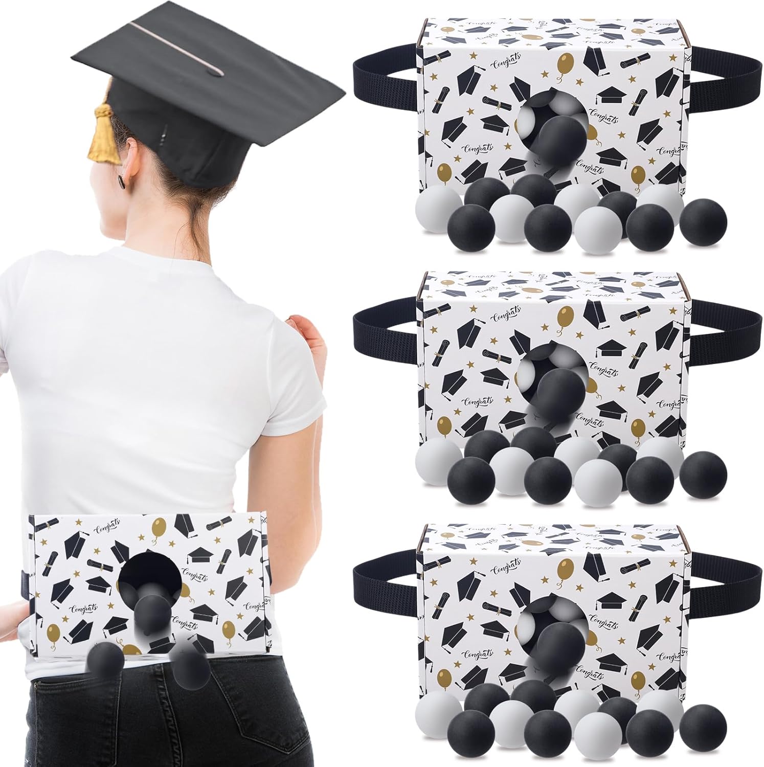 4 Sets Graduation Shaking Swing Balls Game Set Shake Balls Out of Box Game Includes 4 Set Strap Shake Box and 80 Balls for College School Decoration 2025 Graduation Party (Bright Style)