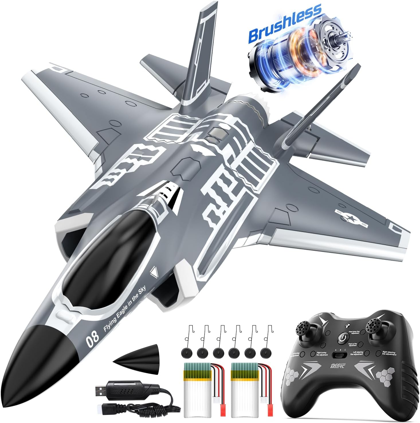 DEERC F35 4 Channel Brushless RC Plane for Adults Remote Control Airplane EDF Fighter Jet,2.4GHz 6-axis Gyro Stabilizer EPP RTF Hobby Glider Aircraft Plane Easy to Fly for Advance Player