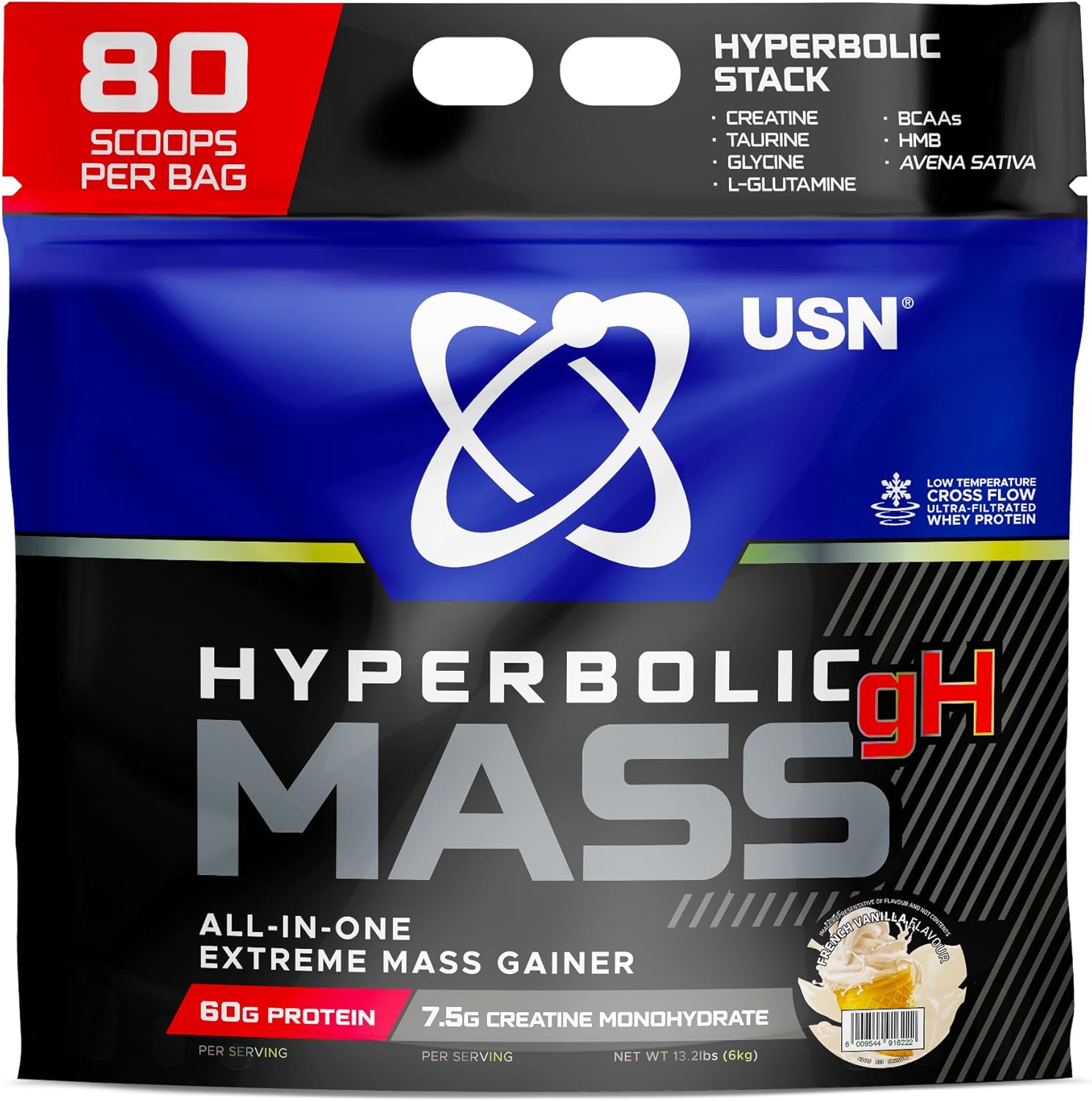 USN Hyperbolic Mass French Vanilla 6kg: High Calorie Mass Gainer Protein Powder for Muscle Building and Weight Gain - Improved Formula & Flavour with 7.5g Creatine Monohydrate and Less Sugar