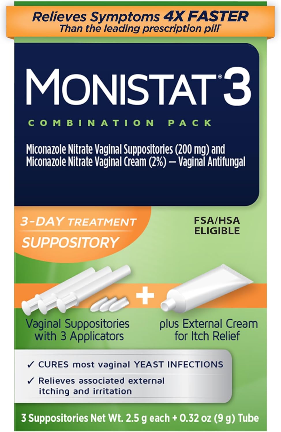 Monistat 3-Day Yeast Infection Treatment for Women, 3 Miconazole Vaginal Suppositories & External Itch Relief Cream (9g Tube) Combo Pack