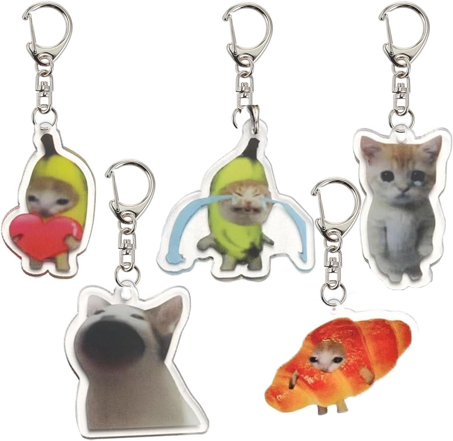 Ethlomoer 5 Cute and Funny Keychains for Backpacks and Cars, Kawaii Cat Keychains Set,featuring Cute Banana Cats