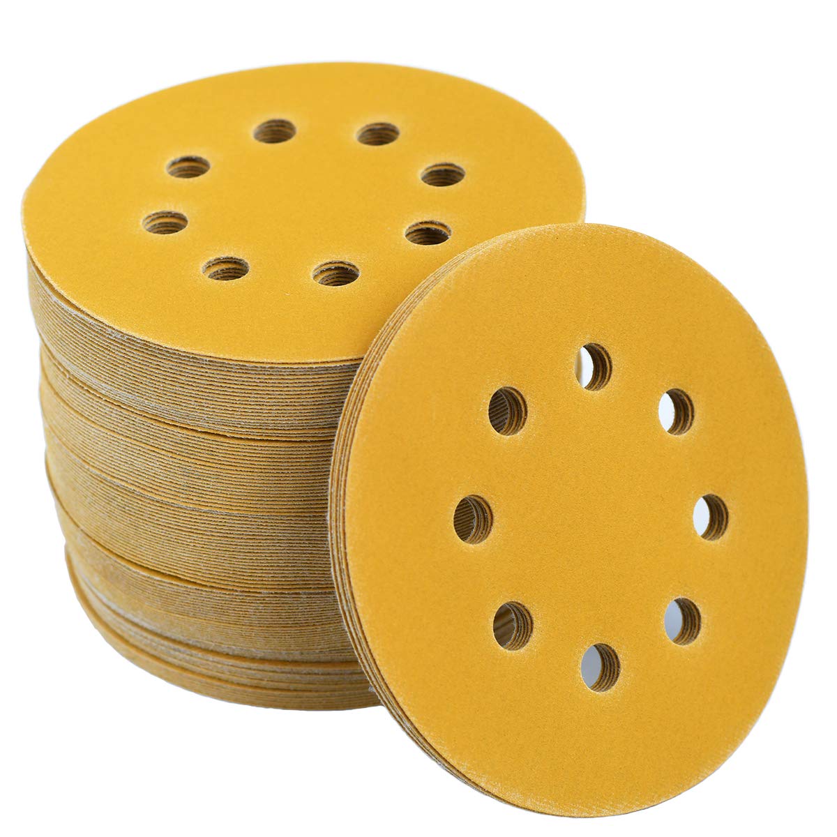 5-Inch 8-Hole Hook and Loop Sanding Discs 320-Grit Random Orbit Sandpaper, 100-Pack