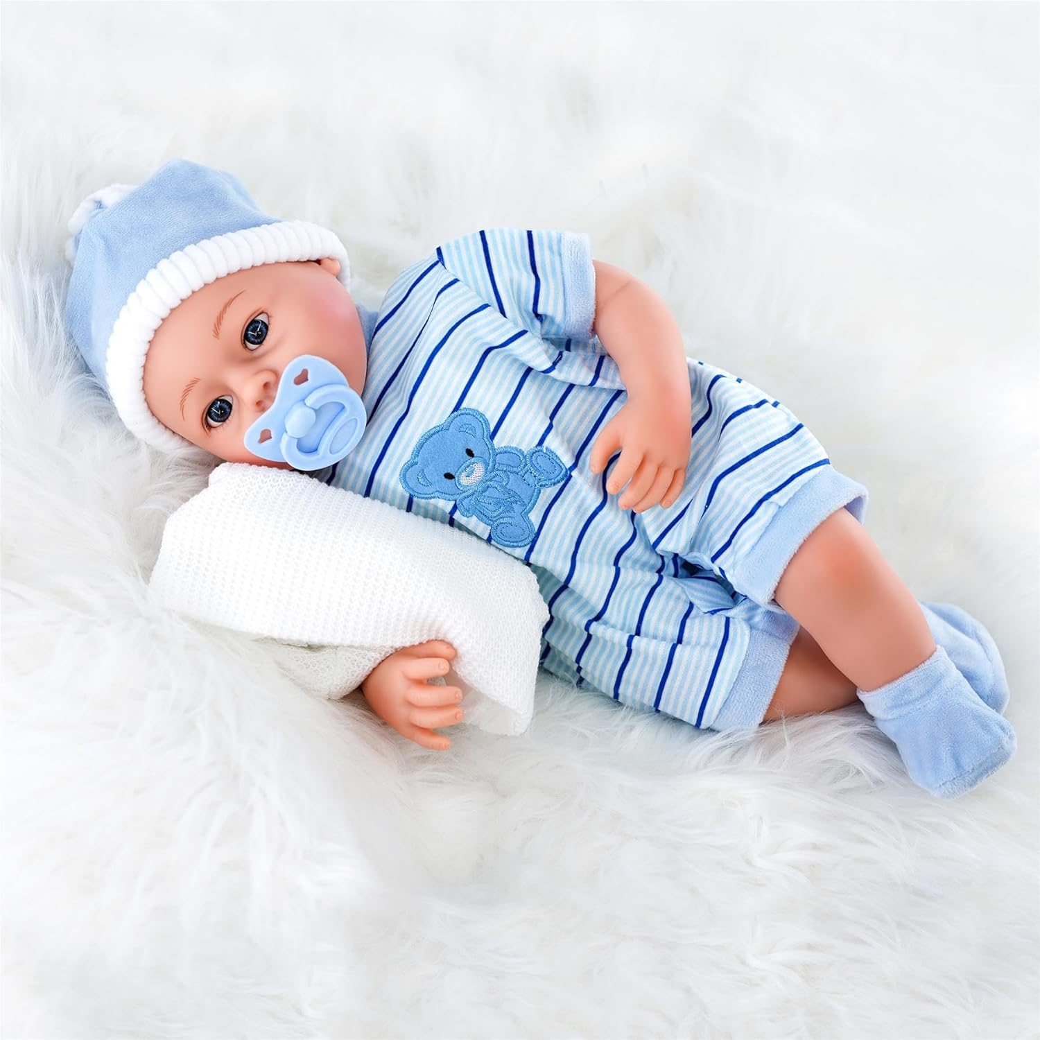 The Magic Toy Shop BiBi Doll 18-Inch Baby Doll Skye with 16 Sounds – Realistic Newborn Boy with Dummy, Soft Body, Vinyl Limbs & Removable Blue Outfit – for Girls, Boys & Toddlers 18 Months+