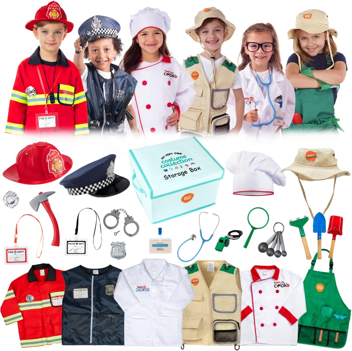 Born Toys Dress Up Clothes for Toddlers & Pretend Play Kids Costumes Set Ages 3-7, Washable Halloween Costume for Girls and Boys for Play with Storage Box