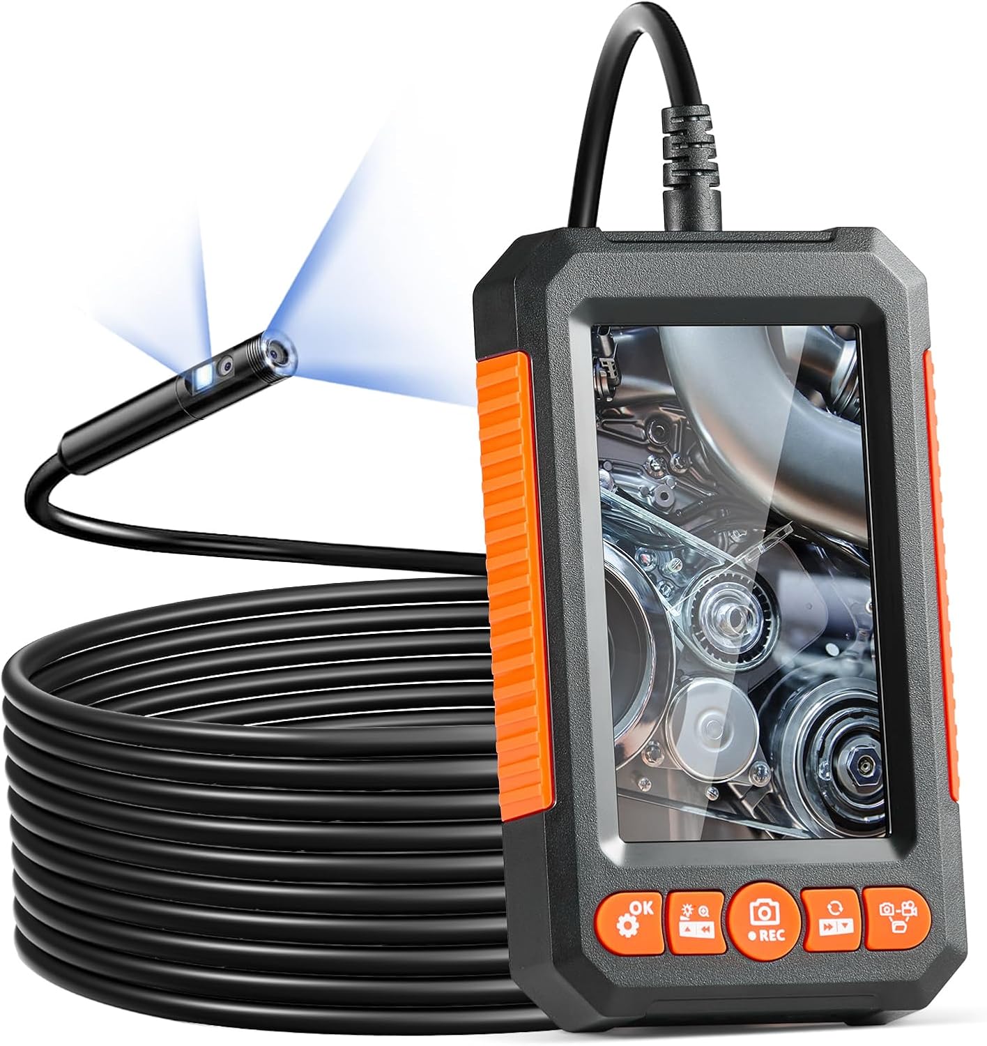 VEVOR Endoscope Camera with Light, Dual Lens Industrial Borescope, 4.3" Screen 1080P Inspection Camera, 8 + 1 Lights, 4X Zoom, IP67 Waterproof Snake Camera for Auto, Plumbing (16.4FT Cable, 32GB Card)