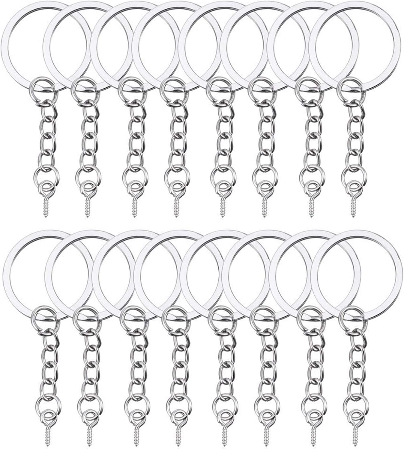 HAUTOCO Keyring Making Kit, 100Pcs Flat Split Key Ring Hoops (25mm) with Chain+Open Jump Rings and Screw Eye Pins, Metal Keyring Rings for Crafts Charm Jewelry Making Resin Keychain Accessories