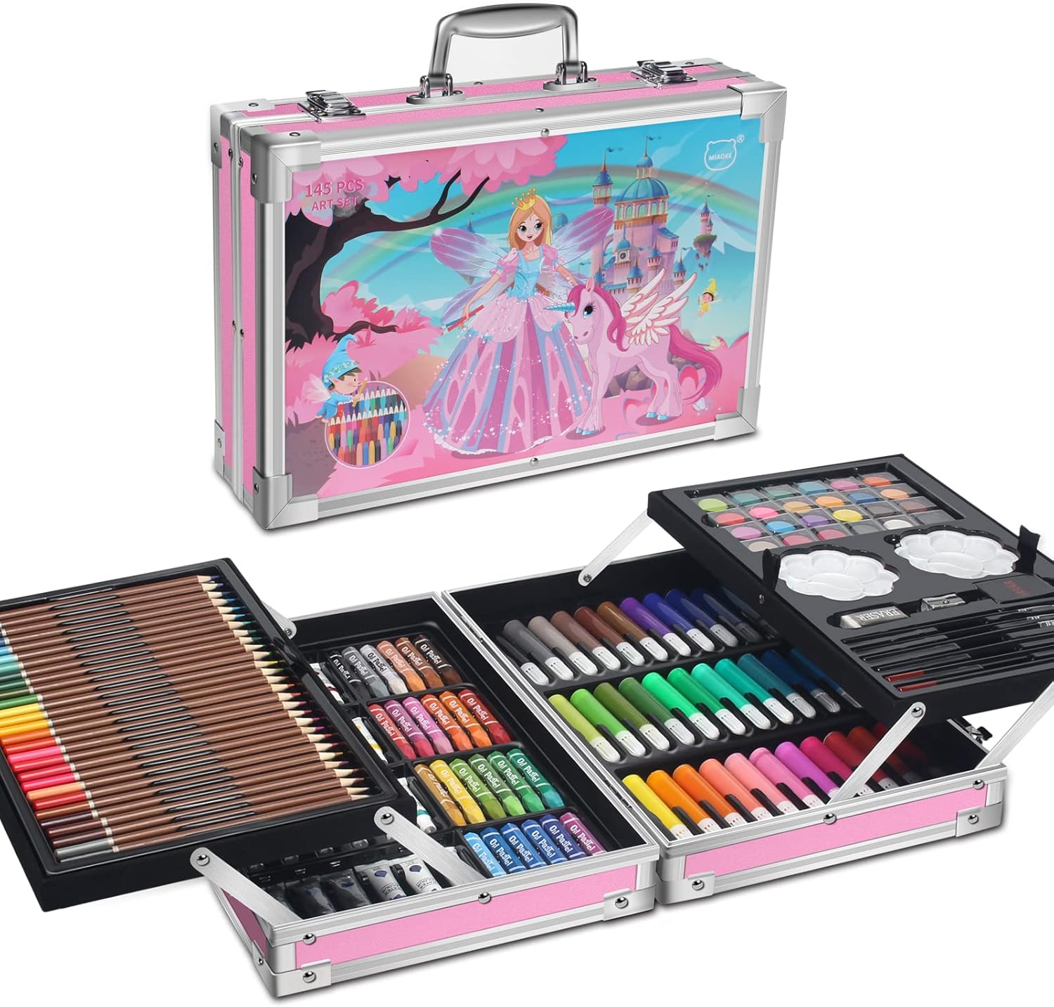 MIAOKE 145 Piece Art Set, Deluxe Mega Aluminum Box & Drawing Kit with Colored Pencils, Markers, Watercolor Paints, Crayons, HB Pencils, Watercolor Cake, Brush, 18-Sheet Sketch Pad-Pink