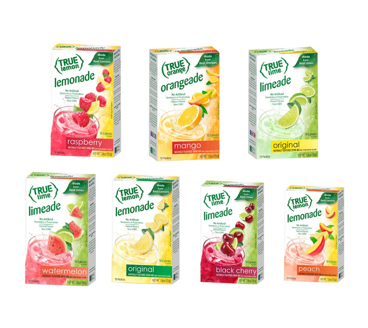 True Lime 7 flavor variety Pack: WATERMELON AQUA FRESCA, LIMEADE, Original Lemonade, Peach, Black Cherry, Raspberry & Mango Orange. True Citrus Assorted Beverage Pack: (7 boxes), Red